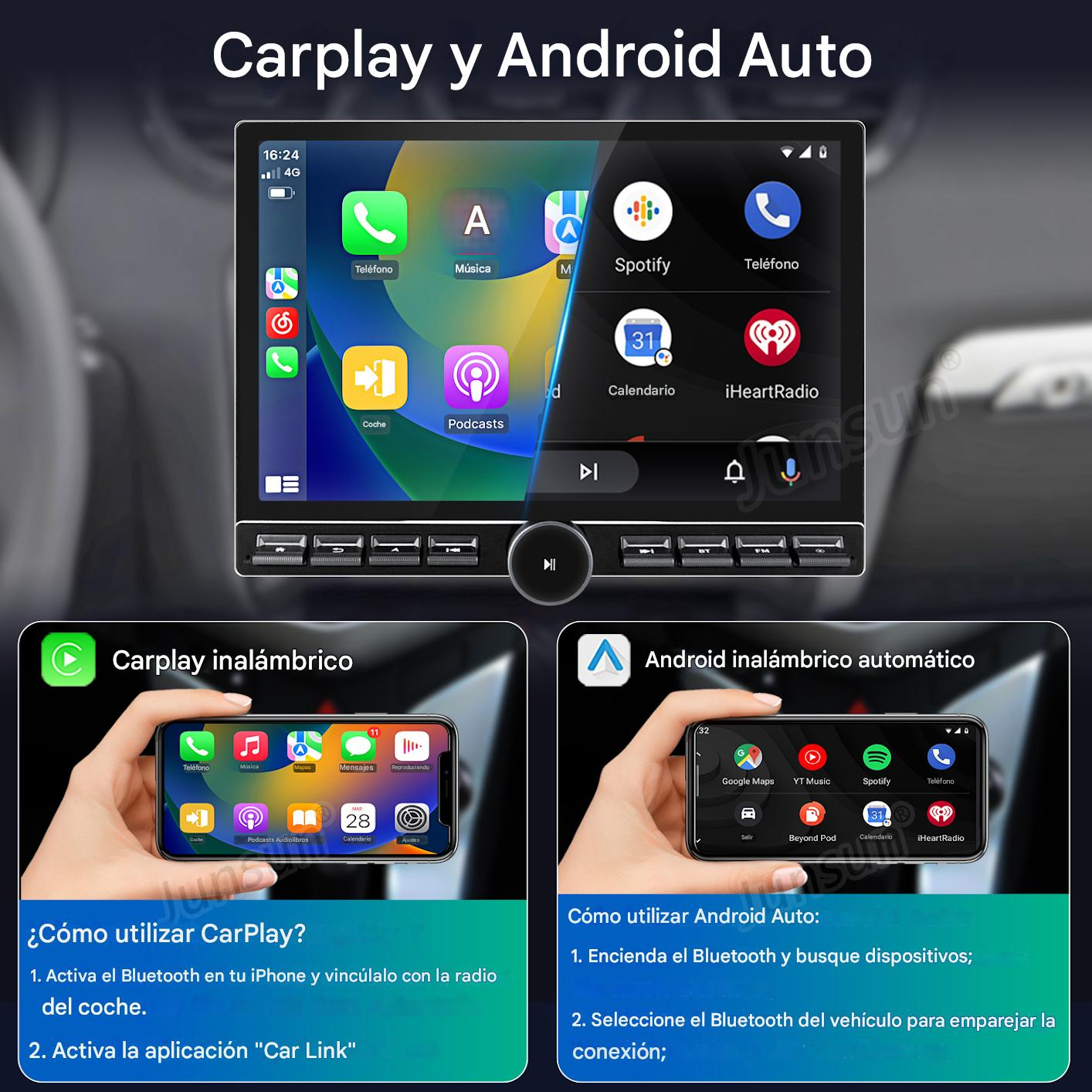 Interfaz del sistema de audio del coche con opciones CarPlay y Android Auto. Muestra iconos de teléfono, música y aplicaciones.