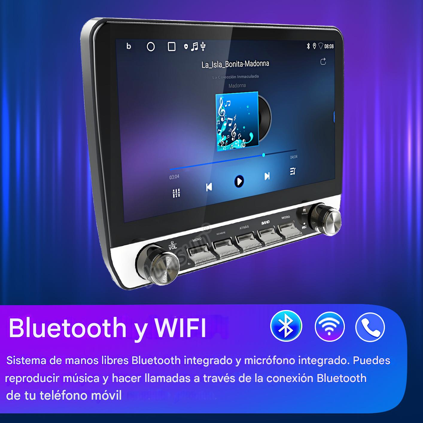 Autorradio con pantalla reproduciendo música. Se destacan las funciones Bluetooth y WiFi. Se ven botones y perillas en la parte inferior.
