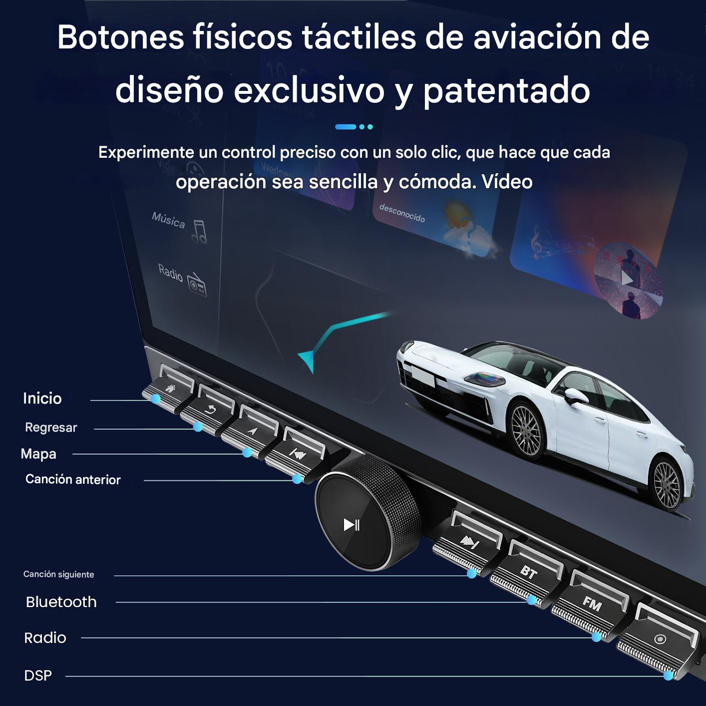 Interfaz de radio de coche con botones físicos. En la pantalla se muestra un gráfico de coche y una interfaz de música.