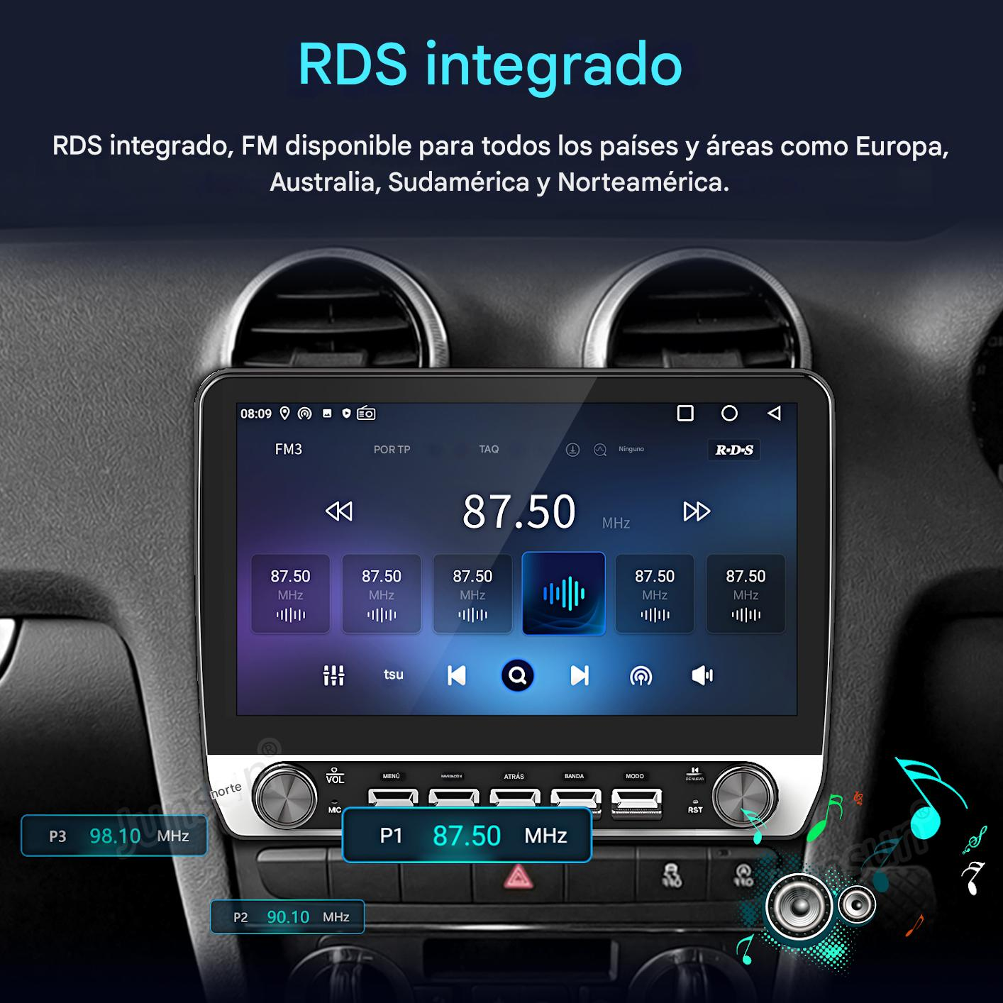 Pantalla de radio de coche mostrando la frecuencia 87.50 MHz. RDS integrado está indicado. Botones y controles están debajo de la pantalla.