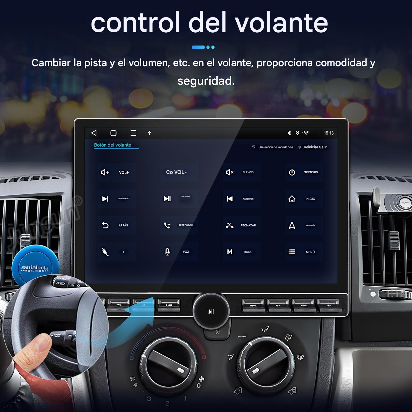 Panel de control del coche con pantalla táctil que muestra los controles. Mano en el volante con flecha azul señalando la pantalla.