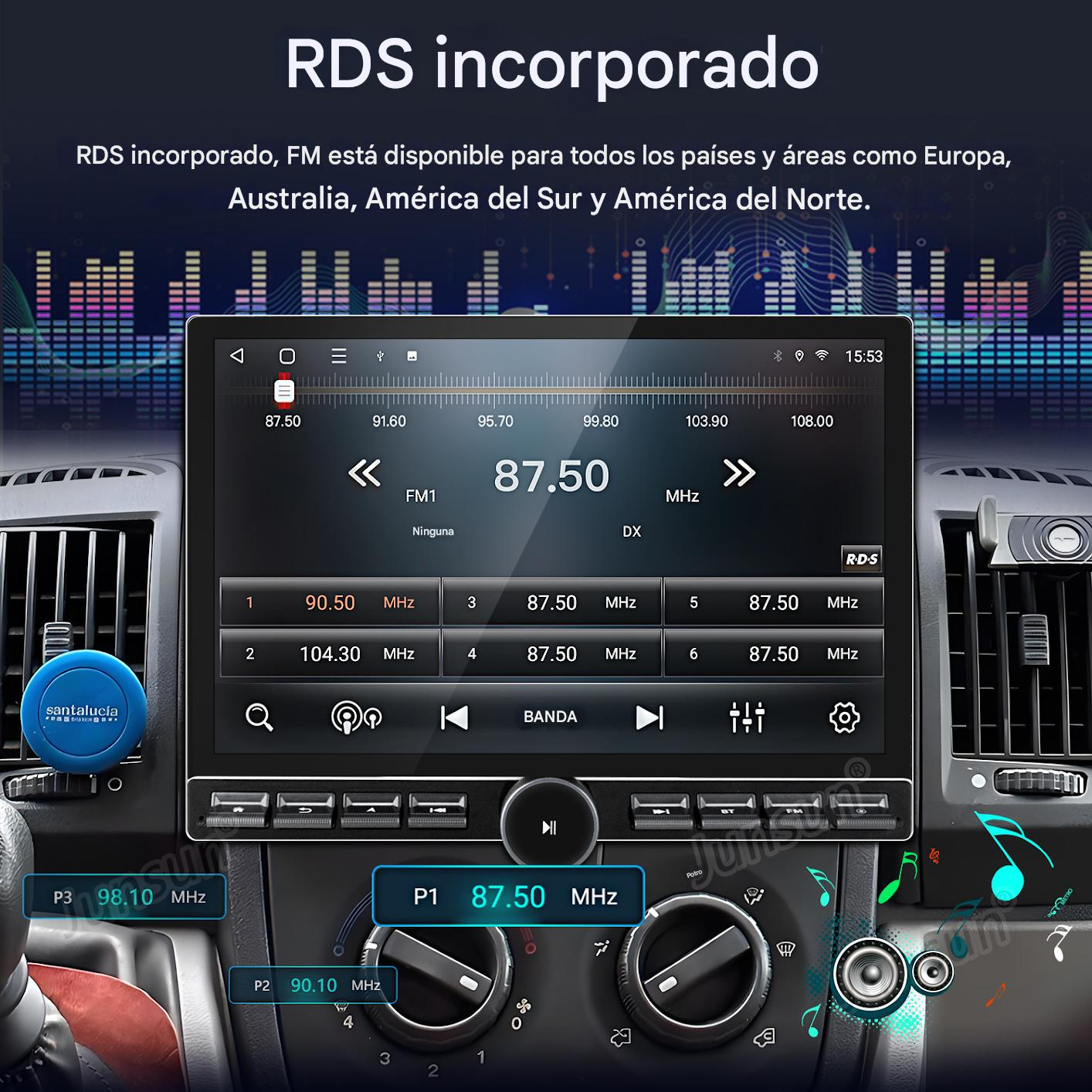 Pantalla de radio de coche con información de radio FM, botones y ambientador azul. Texto: RDS incorporado y FM disponible en todo el mundo.