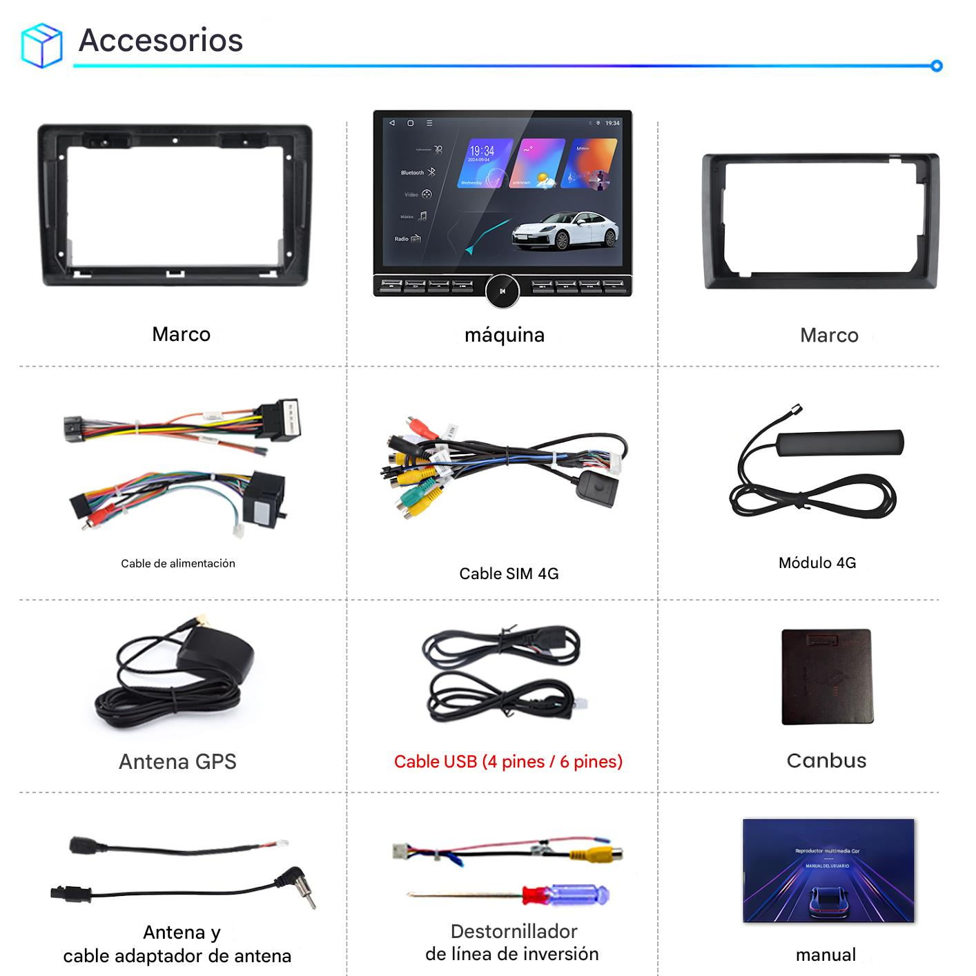 La imagen muestra accesorios para automóviles: marcos, una radio, cables, antenas, un destornillador y un manual, todo para sistemas multimedia de automóviles.