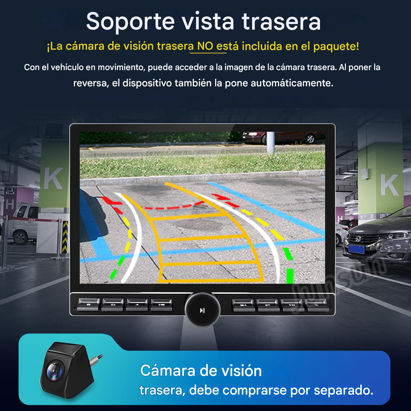 Una pantalla de coche muestra una vista de estacionamiento con líneas. Abajo se muestra una cámara. El texto en español explica la cámara de visión trasera.