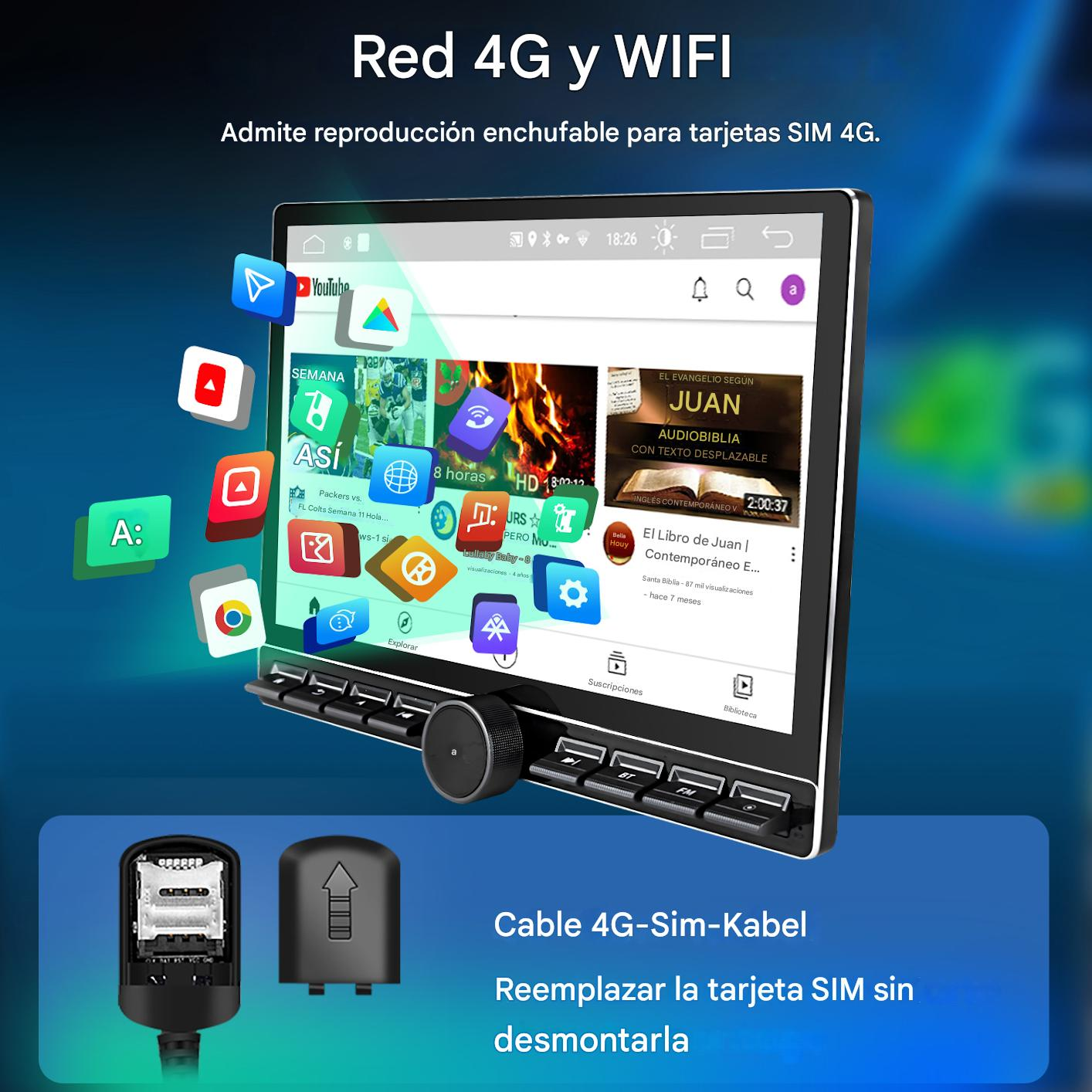 Se muestra un sistema multimedia para automóvil con interfaz de YouTube. Tiene un cable SIM 4G y permite el reemplazo de la tarjeta SIM.