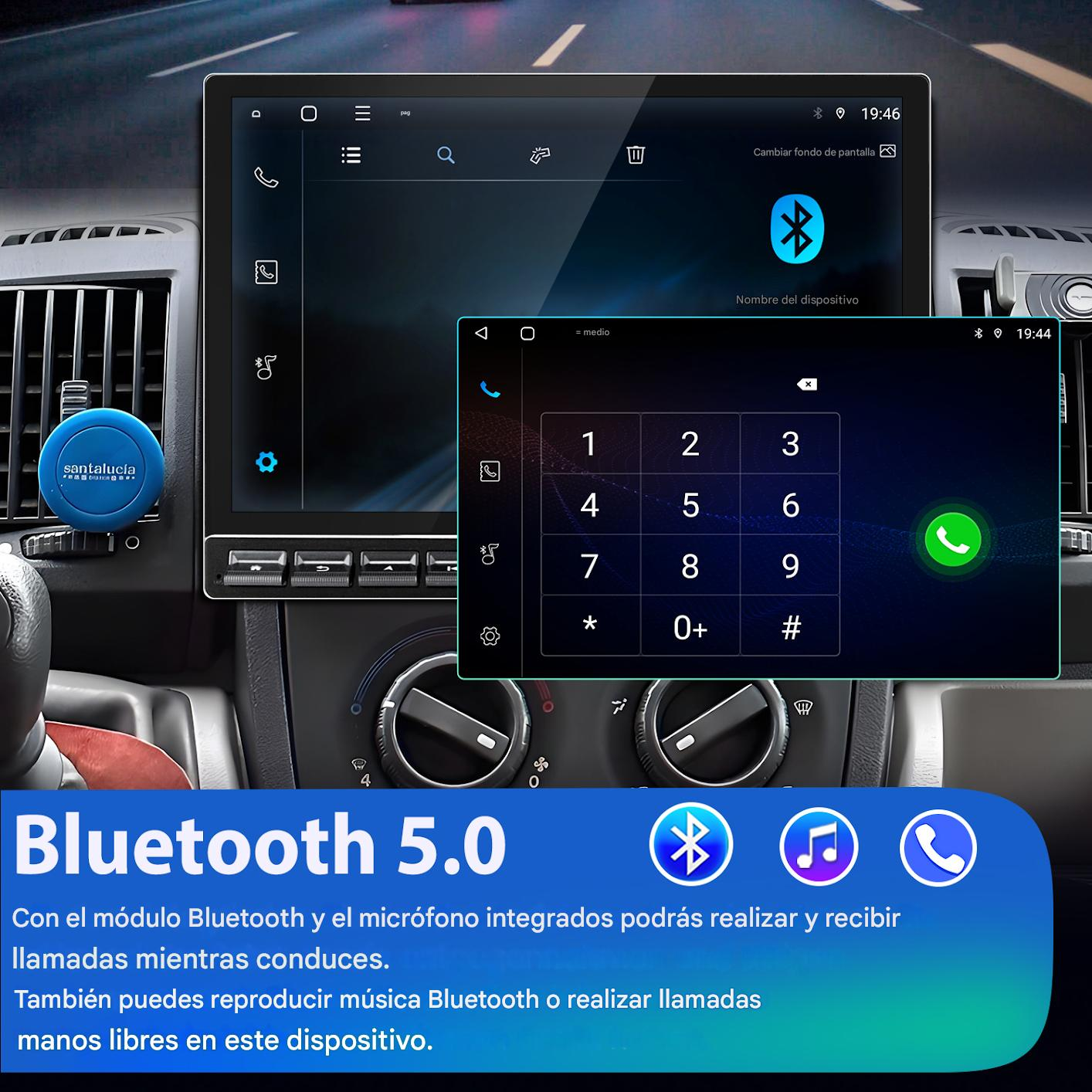 Sistema de infoentretenimiento del coche mostrando funciones Bluetooth. Teclado numérico en pantalla. Texto dice Bluetooth 5.0.