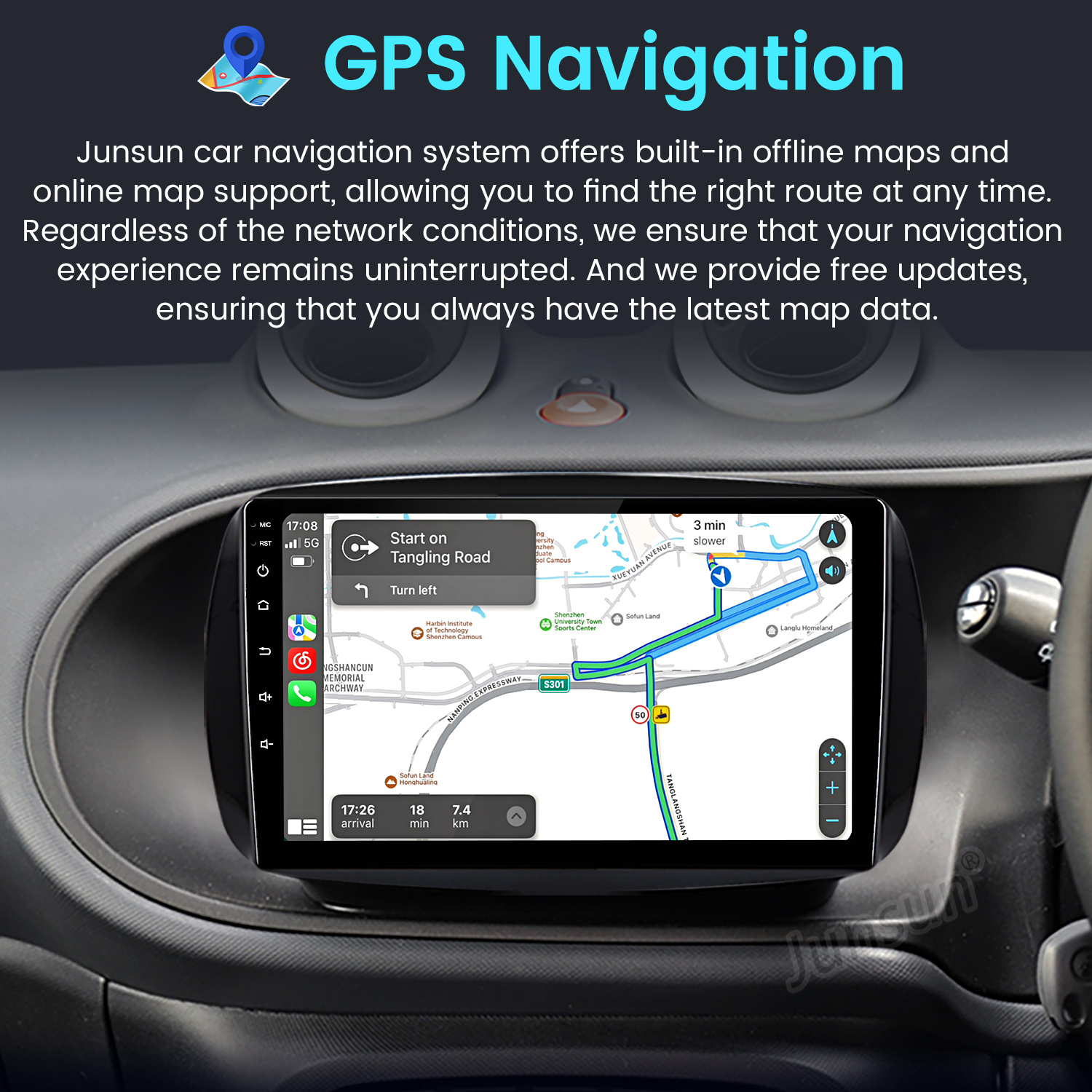 Panel de coche con pantalla de navegación GPS que muestra un mapa y guía de ruta. La pantalla también muestra velocidad y tiempo.