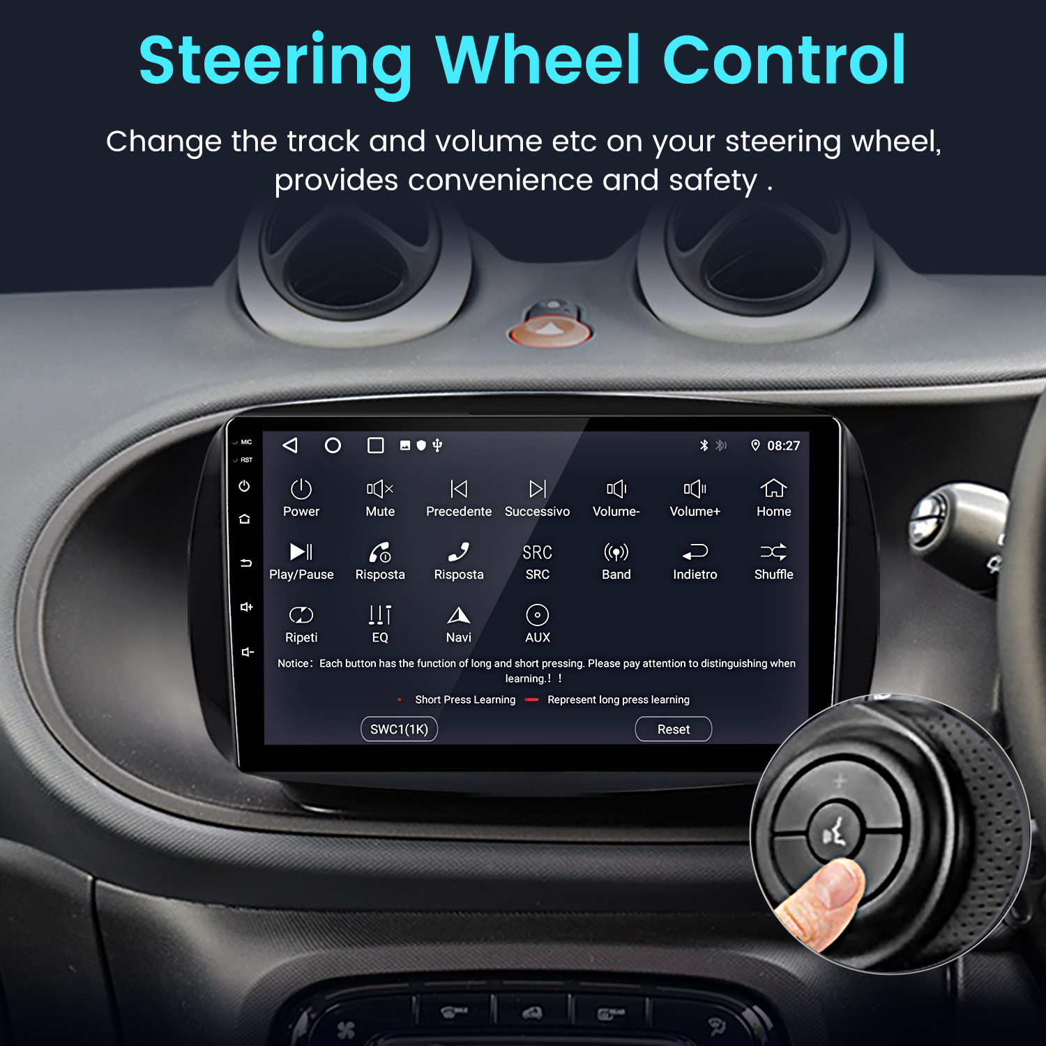 Panel del coche con pantalla que muestra controles. Control del volante con botones y un dedo presionando uno. El fondo muestra el interior del coche.
