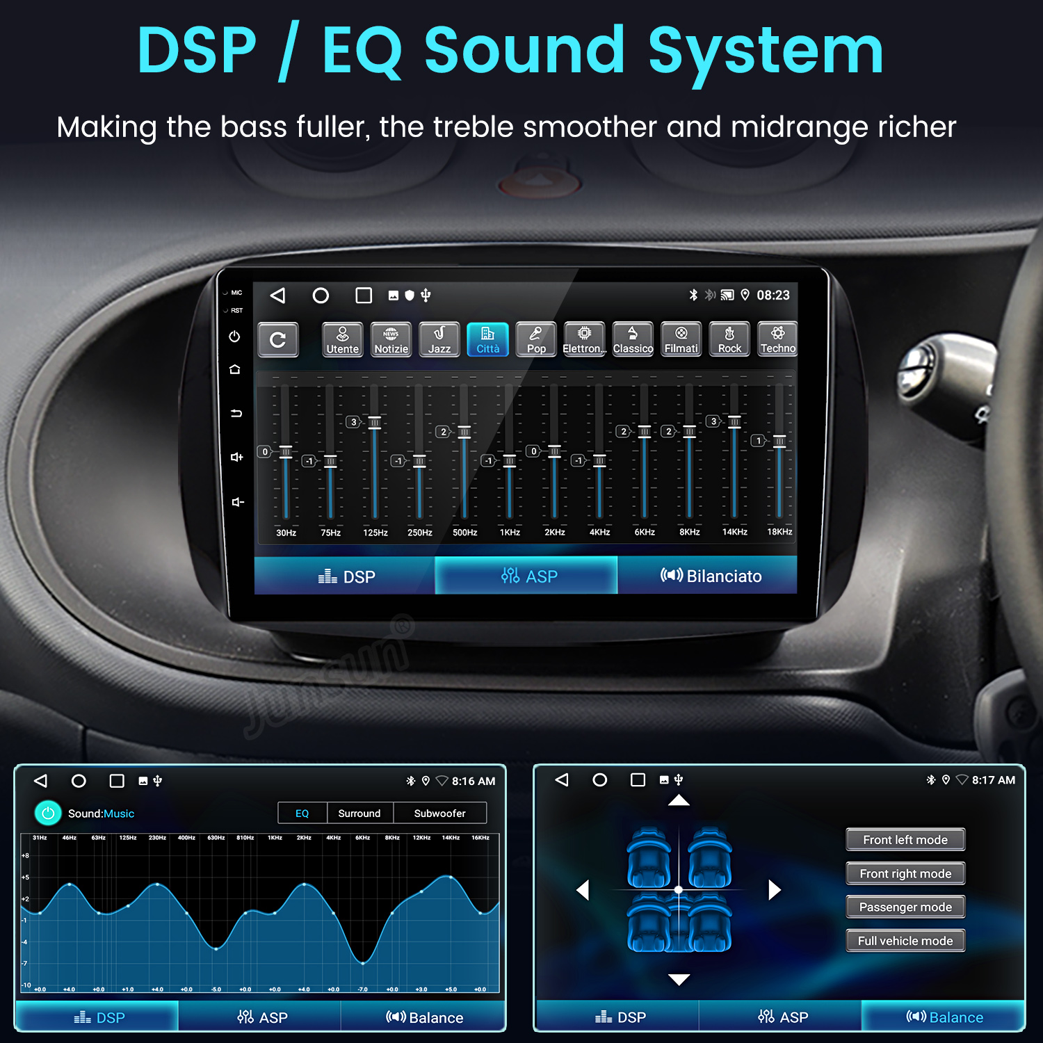 Interfaz del sistema de audio del coche. Muestra la configuración de sonido. Incluye controles de EQ, DSP y balance. Muestra niveles de frecuencia.