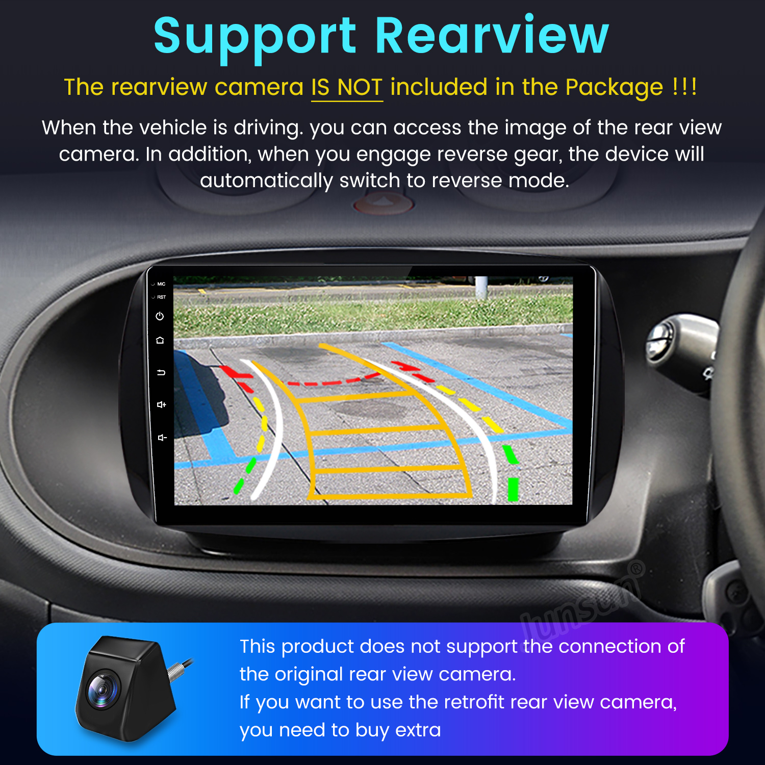 Panel del coche con pantalla mostrando imagen de visión trasera. El texto indica que la cámara no está incluida y otras funciones.