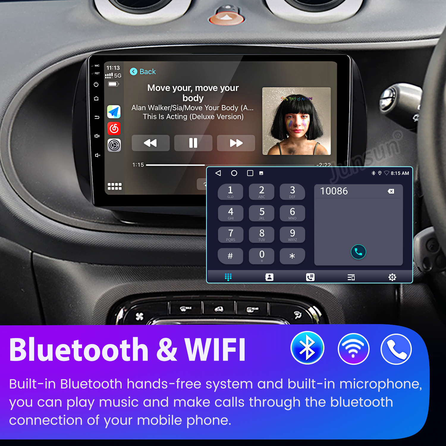 Sistema multimedia del coche con interfaz de música y teléfono. Se destacan Bluetooth y Wi-Fi en la parte inferior.