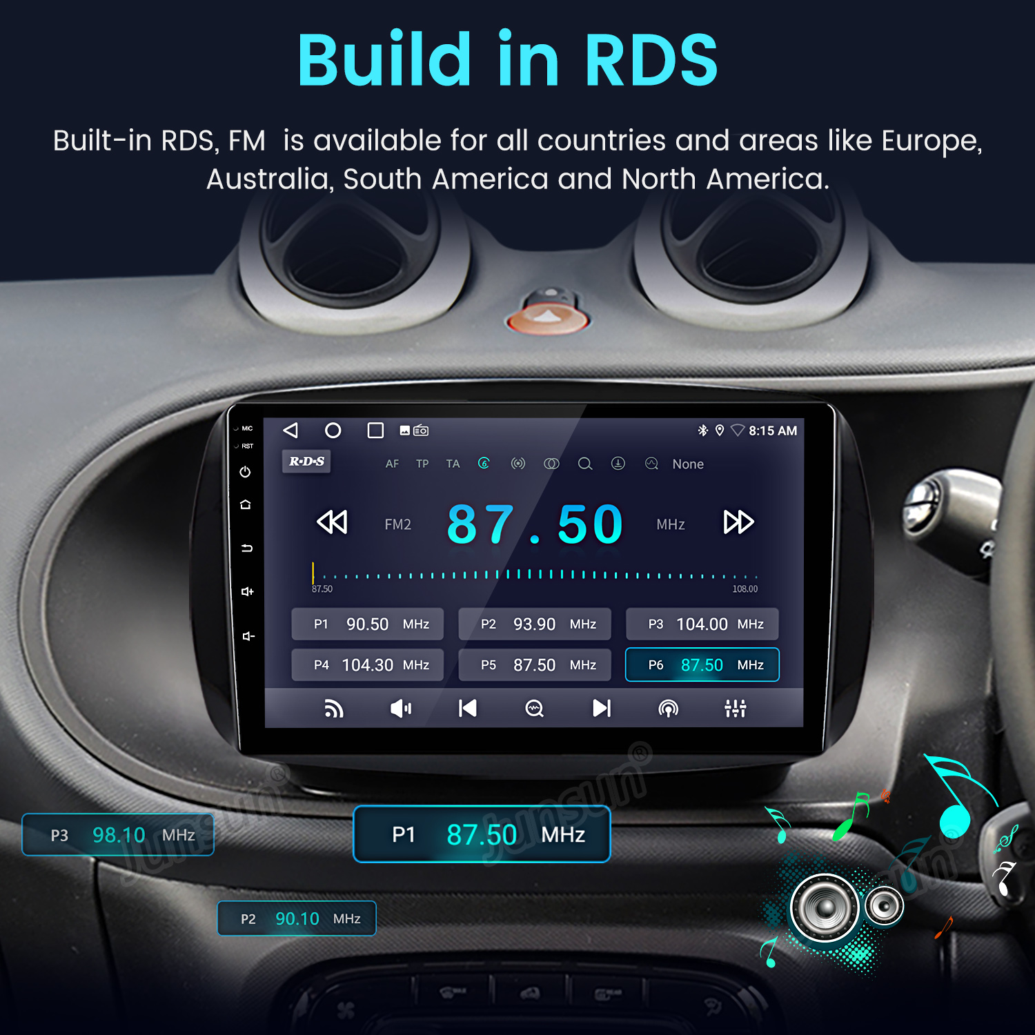 Radio de coche con FM 87.50 MHz. Botones muestran preajustes de frecuencia y RDS. La pantalla es negra, y se ve el tablero del coche.