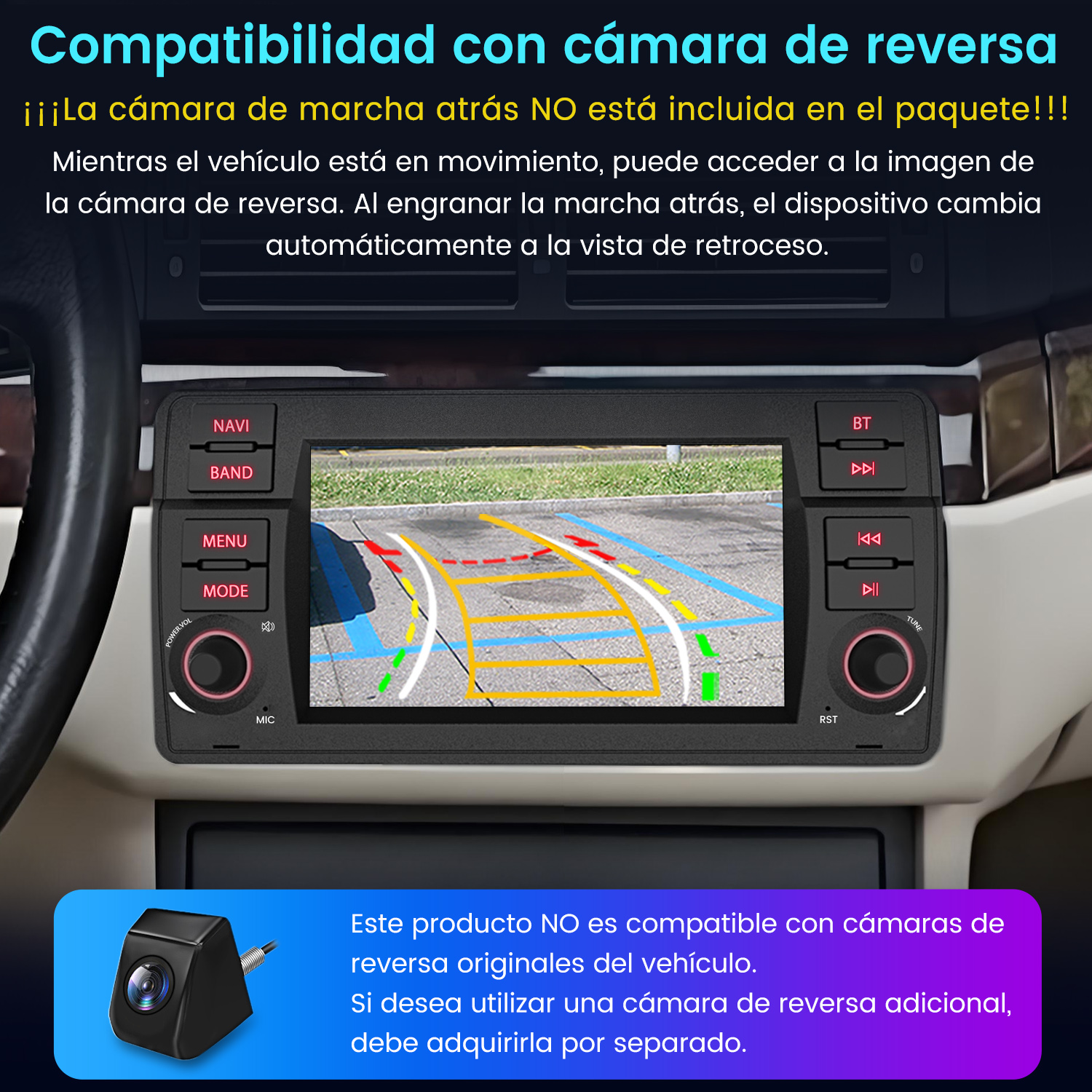 Radio de coche mostrando vista de cámara trasera. Texto en español indica que el dispositivo no es compatible con cámaras originales.
