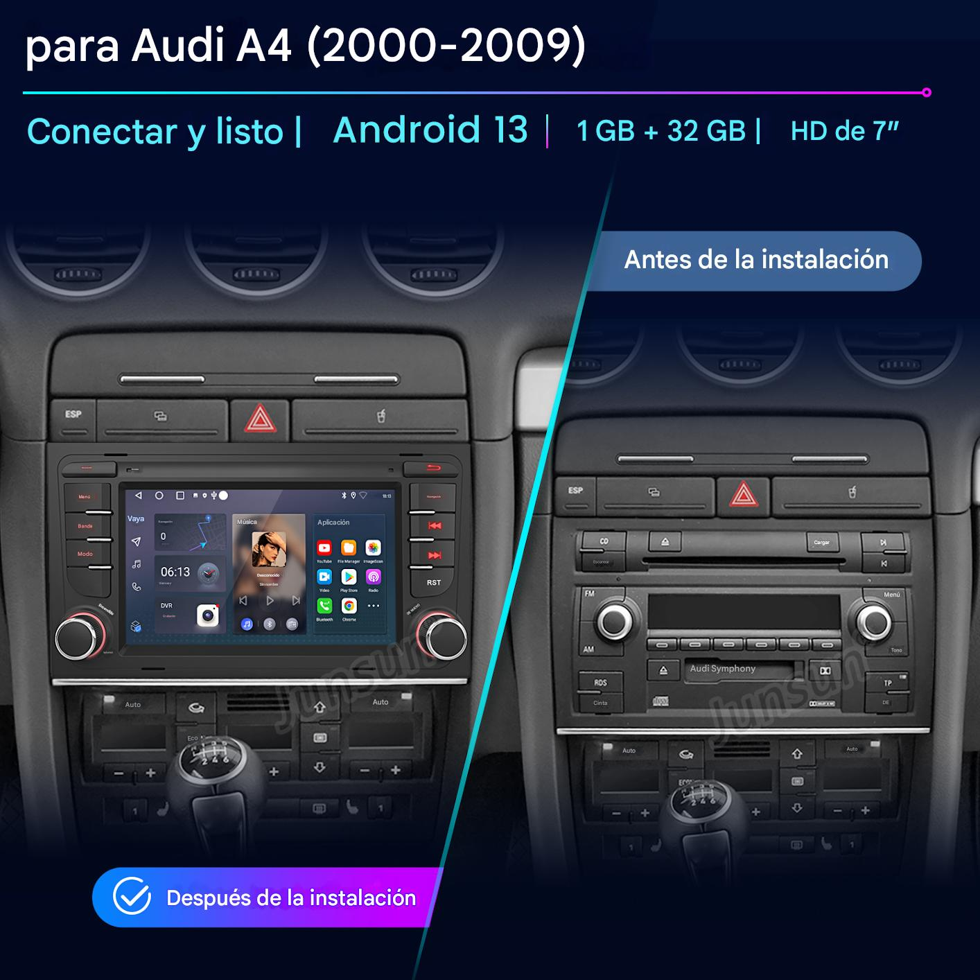 La imagen muestra el interior de un coche Audi. El lado izquierdo tiene un sistema Android instalado. El lado derecho muestra la radio original.