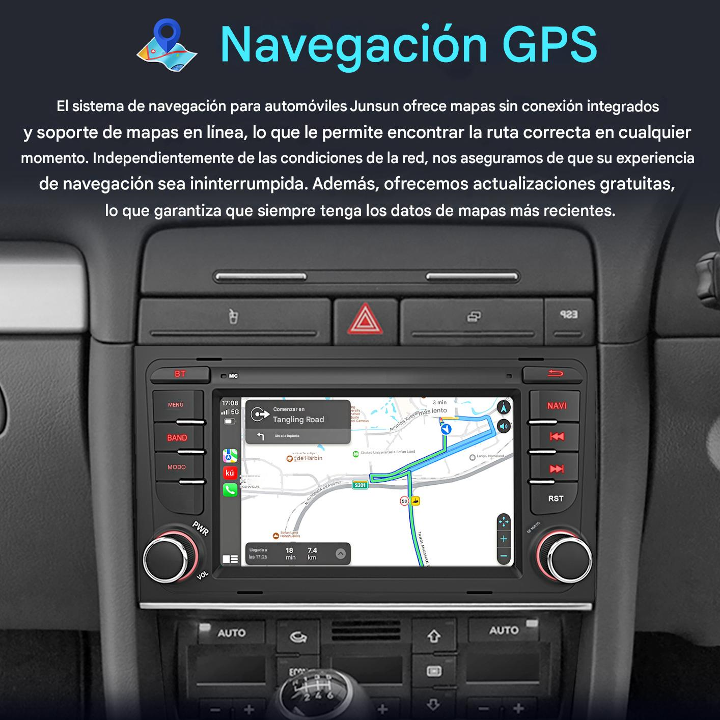 Panel del coche con navegación GPS, mostrando un mapa y guía de ruta.