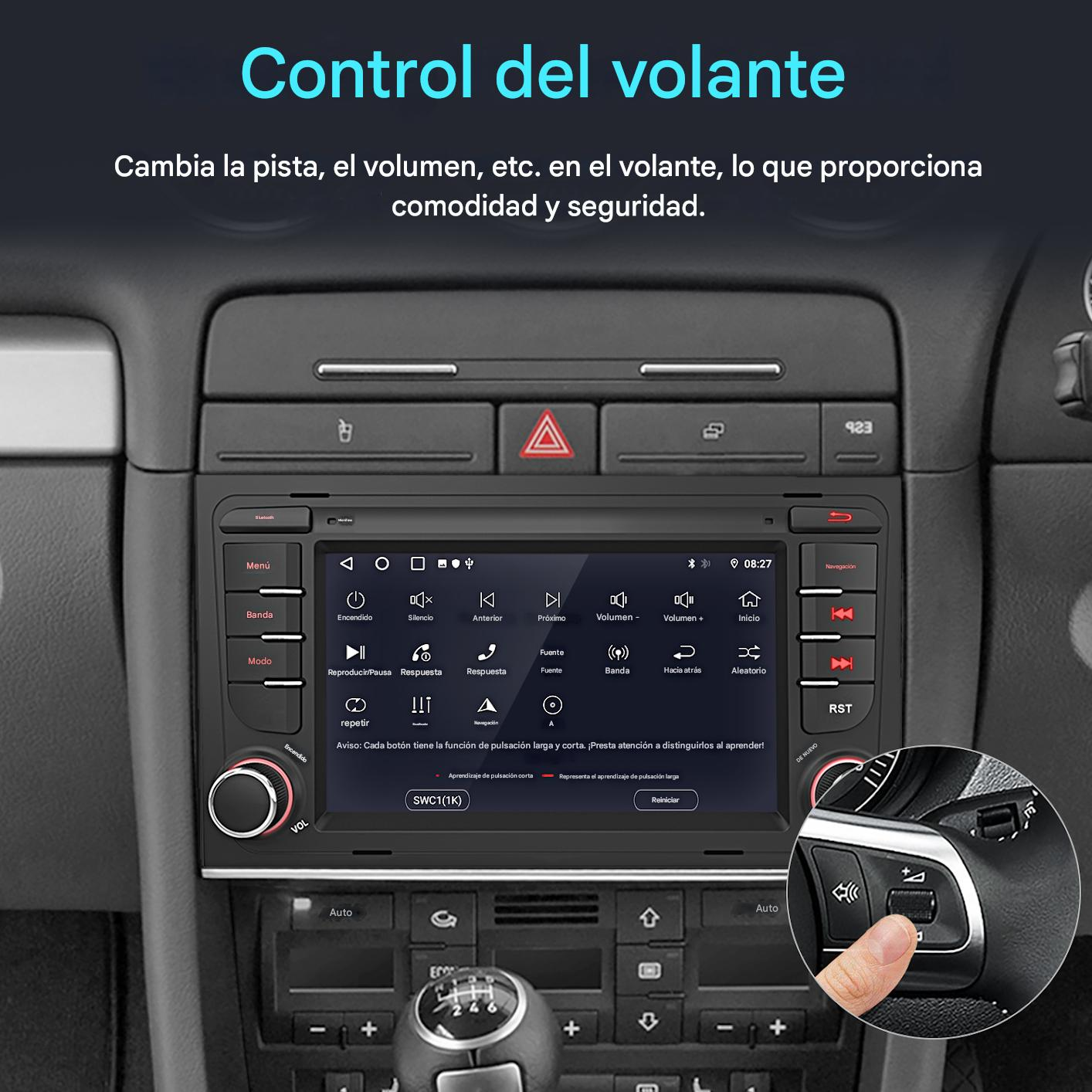 Panel del coche con pantalla que muestra controles de audio y una mano usando los controles del volante.