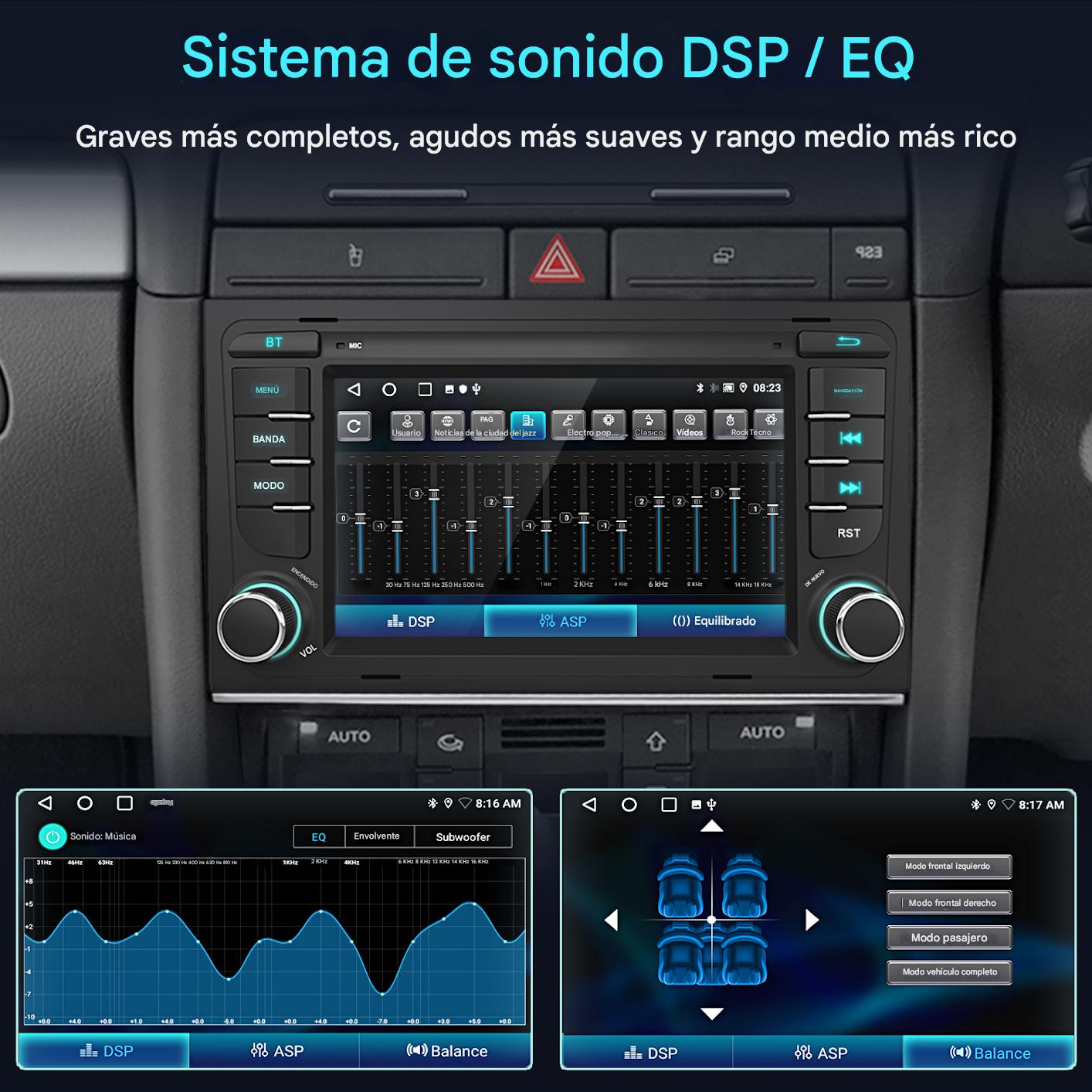 Interfaz del sistema de audio del coche. Muestra ajustes del ecualizador, modos de sonido y funciones interiores del coche. Botones y pantallas.