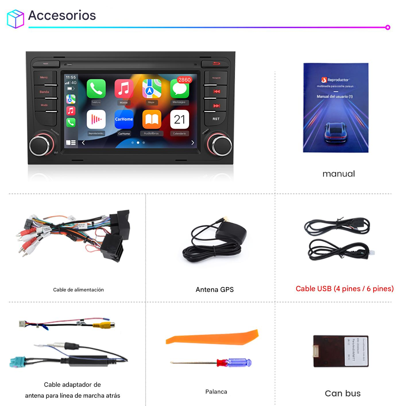 Pantalla multimedia del coche, manual, cables, antena, cable USB, cable adaptador, antena GPS, palanca y Can bus, accesorios.