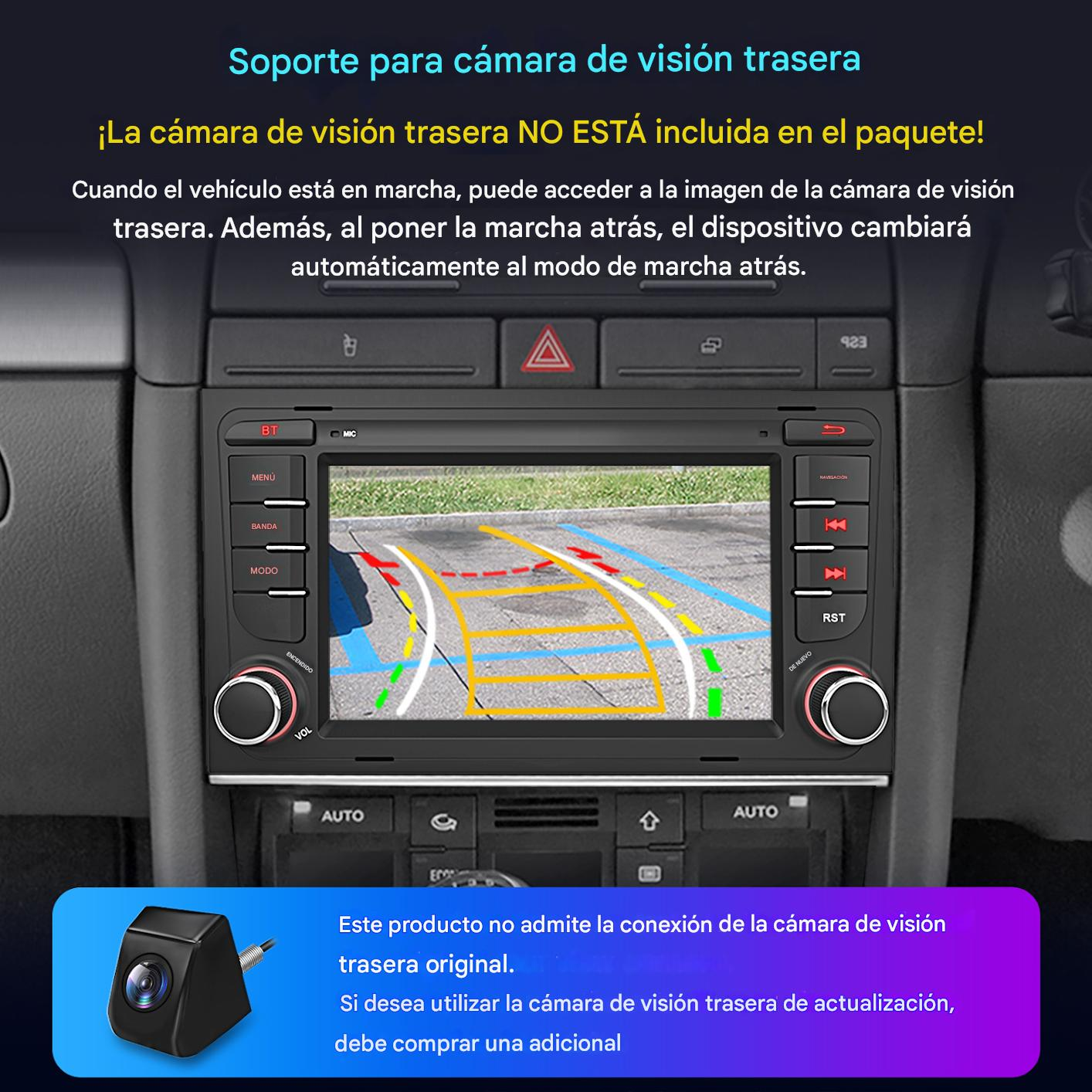 Autorradio con vista de cámara de marcha atrás. La pantalla muestra líneas de estacionamiento. También hay una cámara y texto en español.