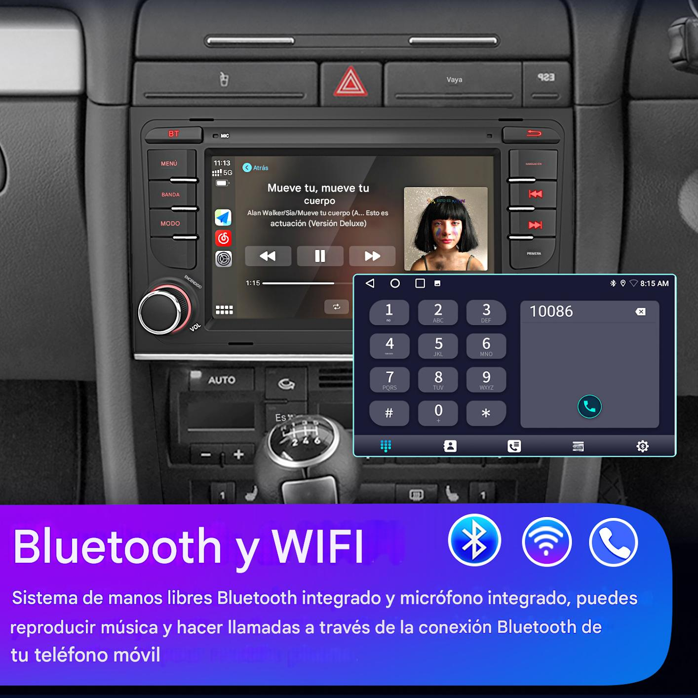 Autoradio con pantalla que muestra música. Teclado telefónico a la derecha. Las funciones Bluetooth y WIFI se resaltan en la parte inferior.
