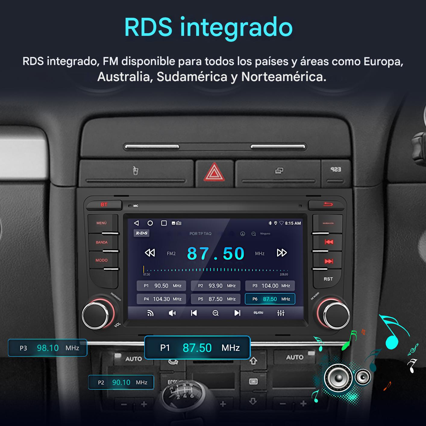 Radio de coche con RDS, mostrando la frecuencia FM 87.50 MHz. Botones de menú, banda, modo y control de volumen.