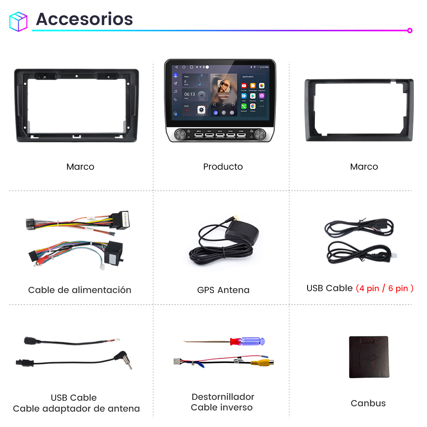 La imagen muestra accesorios para automóvil: marcos, una pantalla de producto, cables, una antena, un destornillador y un canbus.