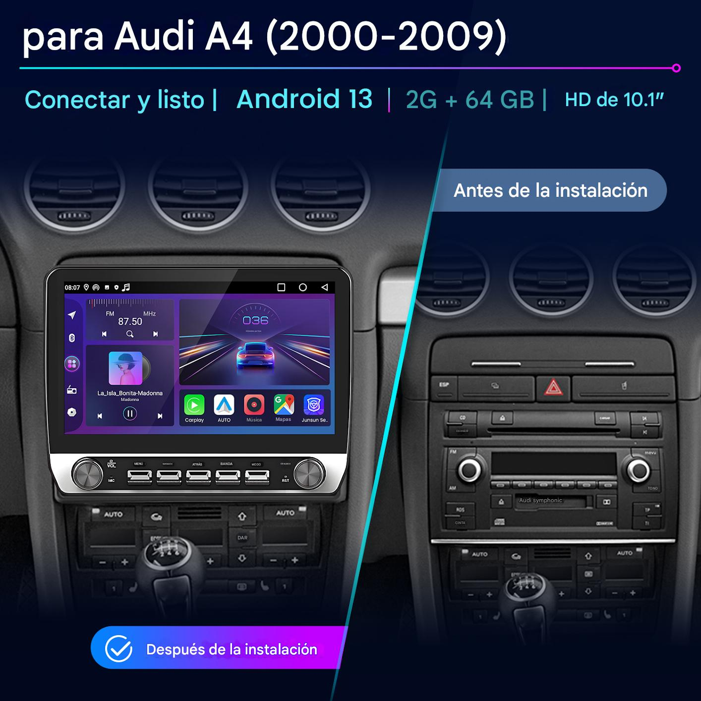 Imagen muestra el salpicadero del coche. A la izquierda, una nueva pantalla táctil. A la derecha, la radio antigua. Texto: Antes/Después de la instalación.
