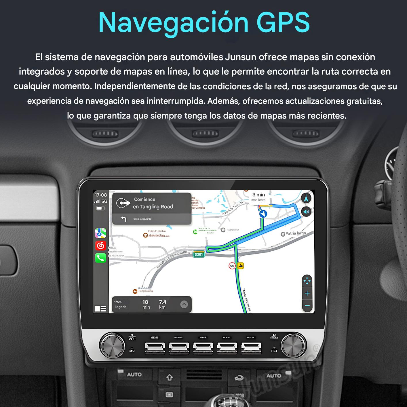 Pantalla de navegación GPS de coche mostrando un mapa con indicaciones y varios botones de control.
