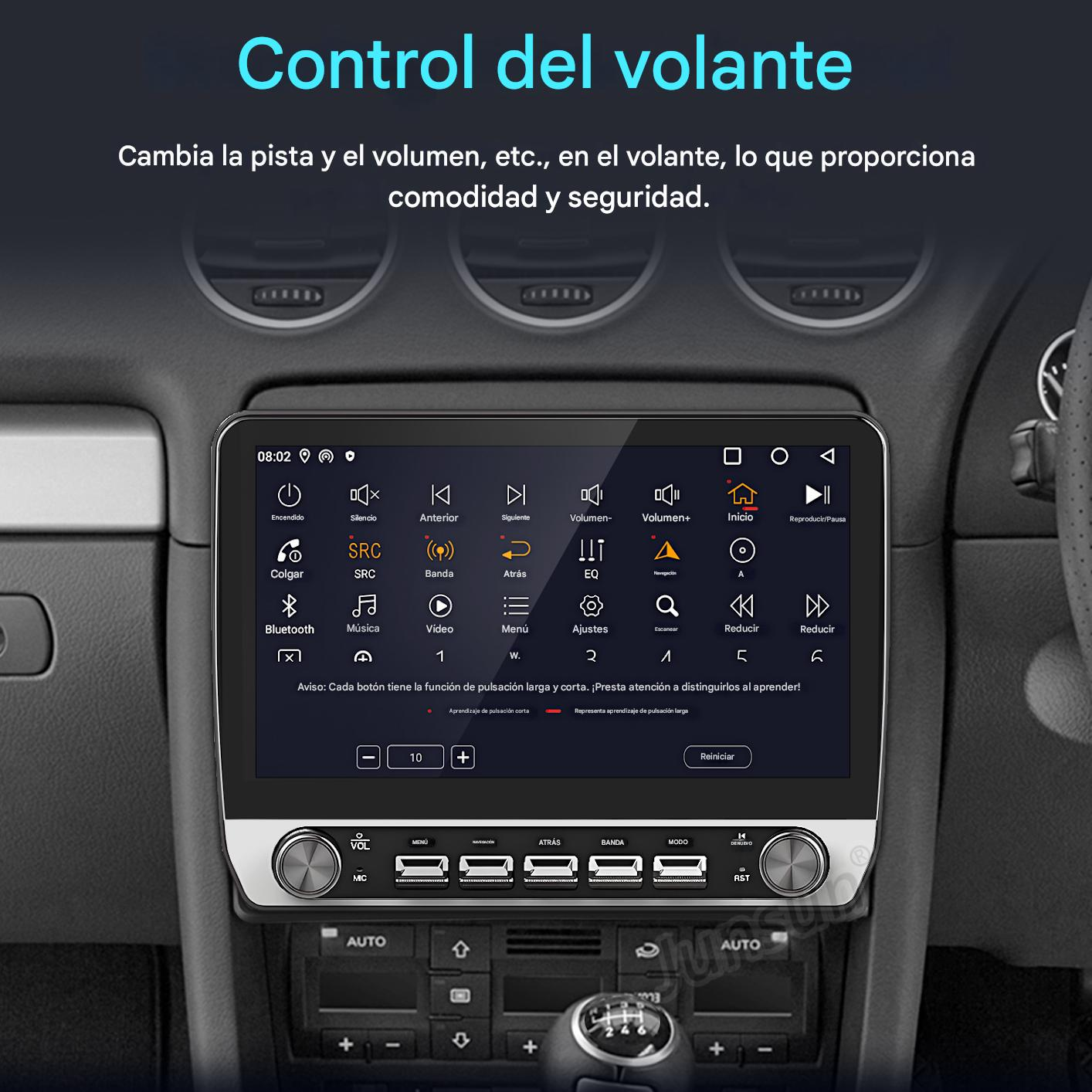 Sistema multimedia de coche con controles. Texto: 'Control del volante'. Botones de volumen, música y teléfono visibles en pantalla.