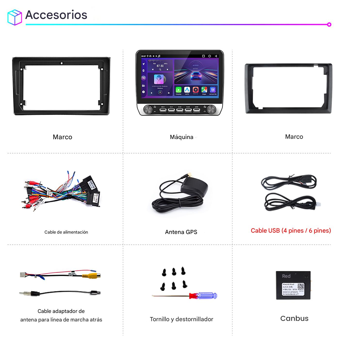Imagen muestra accesorios de coche: un marco, un autoestéreo, marco, cables, antena GPS, cables USB, cable adaptador, tornillos y destornillador, y un CAN bus.