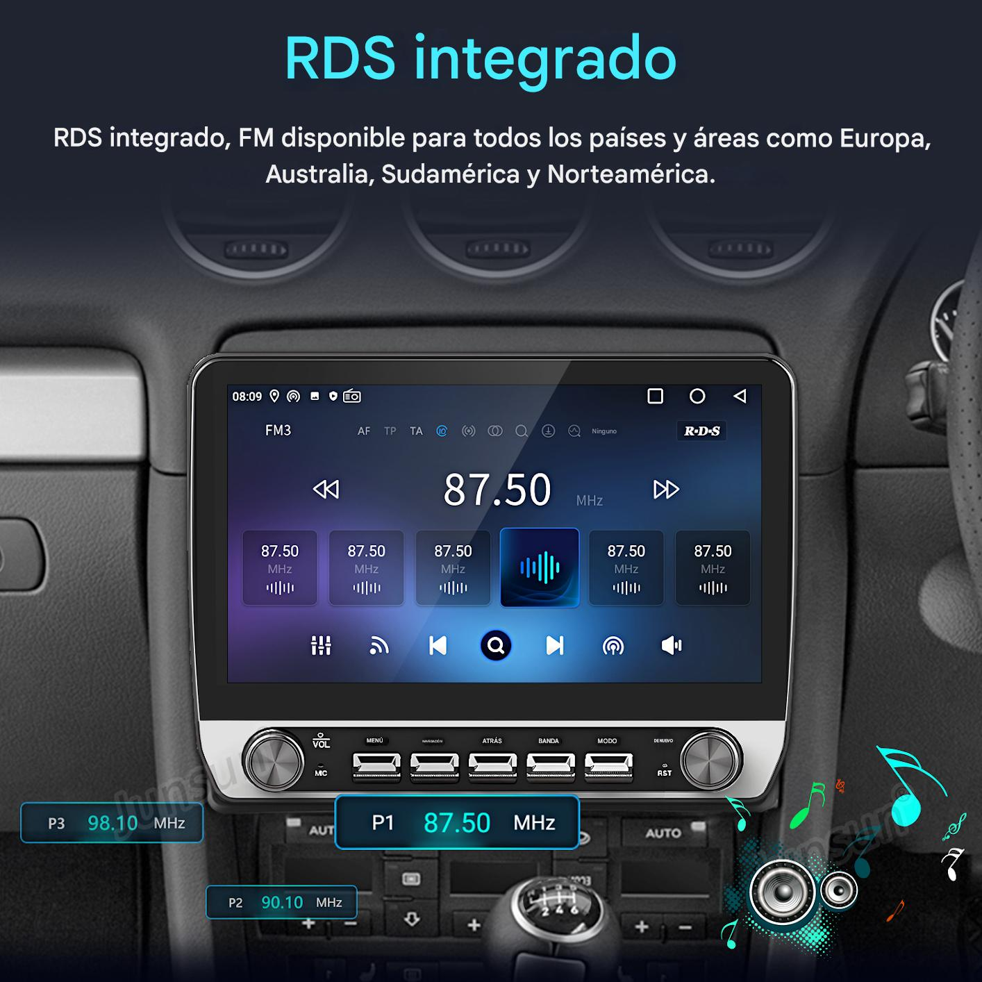 Pantalla de radio de coche que muestra la frecuencia FM 87.50 MHz. Se ven botones y controles. El fondo muestra el interior del coche.