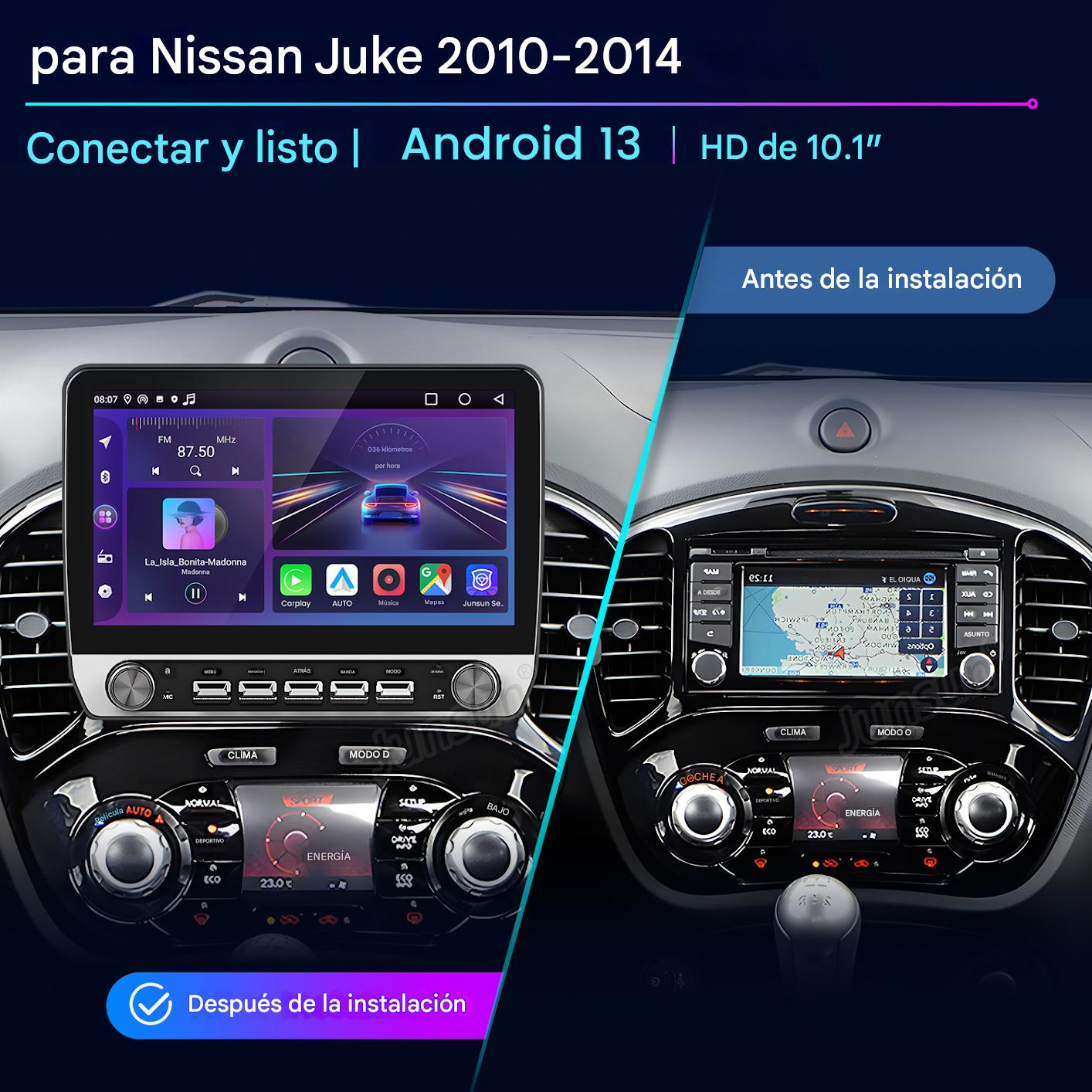 Imagen muestra el tablero de un coche antes y después de instalar un nuevo sistema Android, con interfaz de música y navegación.