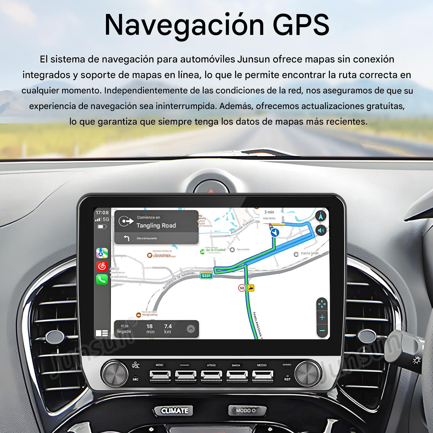 El salpicadero del coche muestra la navegación GPS. La pantalla muestra un mapa con una ruta resaltada en azul.