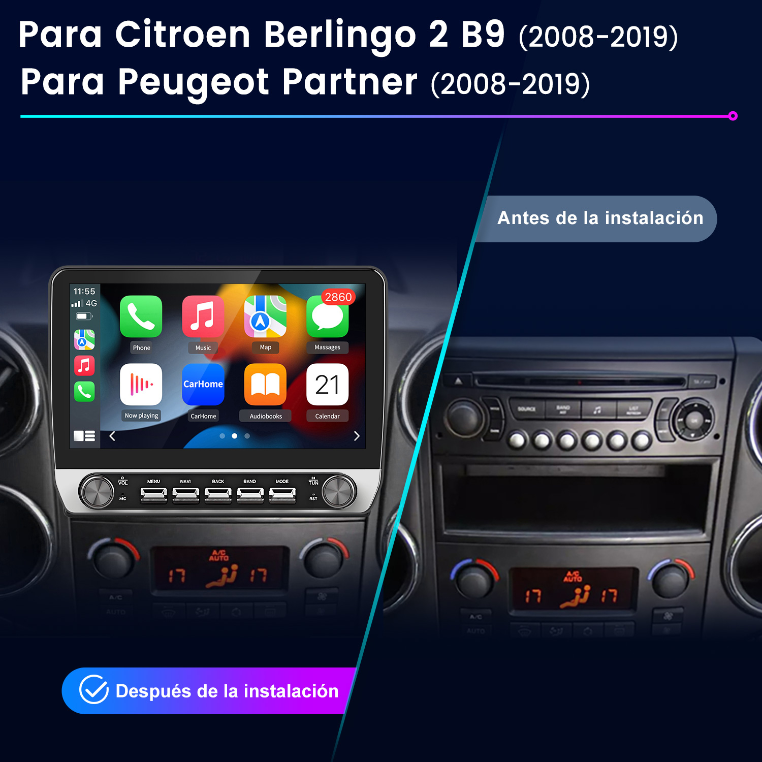 Comparación del salpicadero del coche. Uno muestra la radio antigua, el otro la nueva pantalla con iconos de aplicaciones.