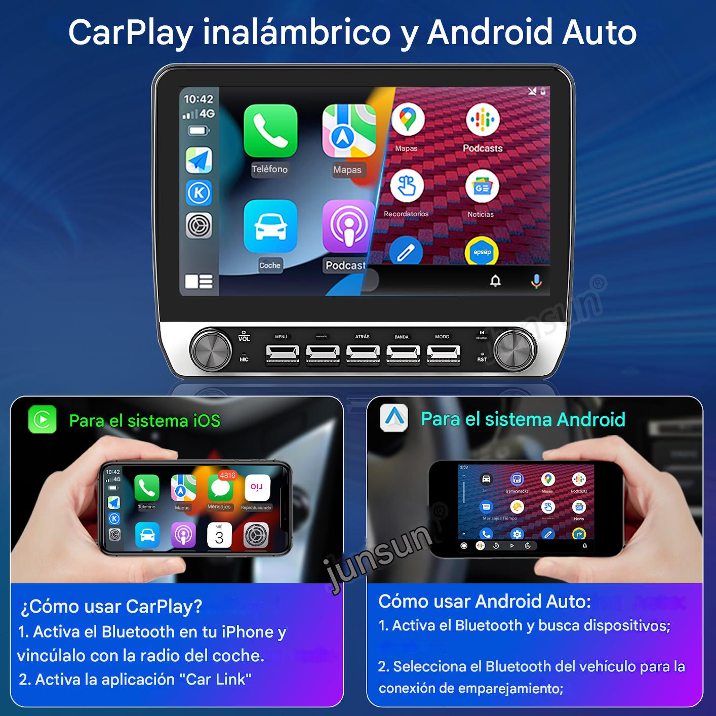 Pantalla de coche con CarPlay y Android Auto, mostrando iconos de aplicaciones. Incluye instrucciones de configuración iOS y Android.
