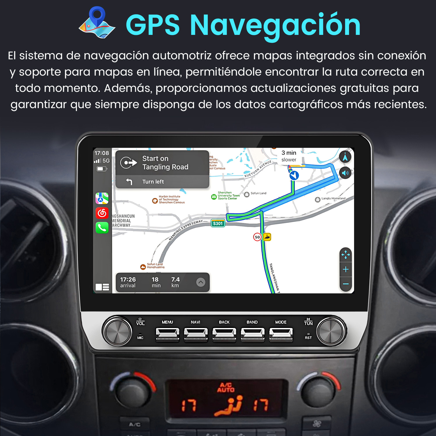 Pantalla de navegación del coche que muestra el mapa con la ruta, botones y controles del coche. Texto en español.
