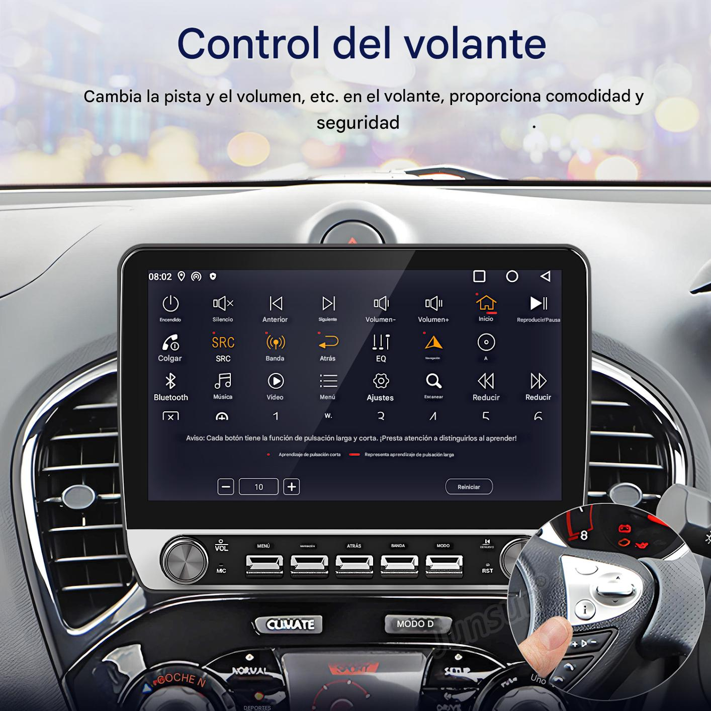Panel de control del coche con pantalla táctil, que muestra controles de música y ajustes. Volante con botones en primer plano.