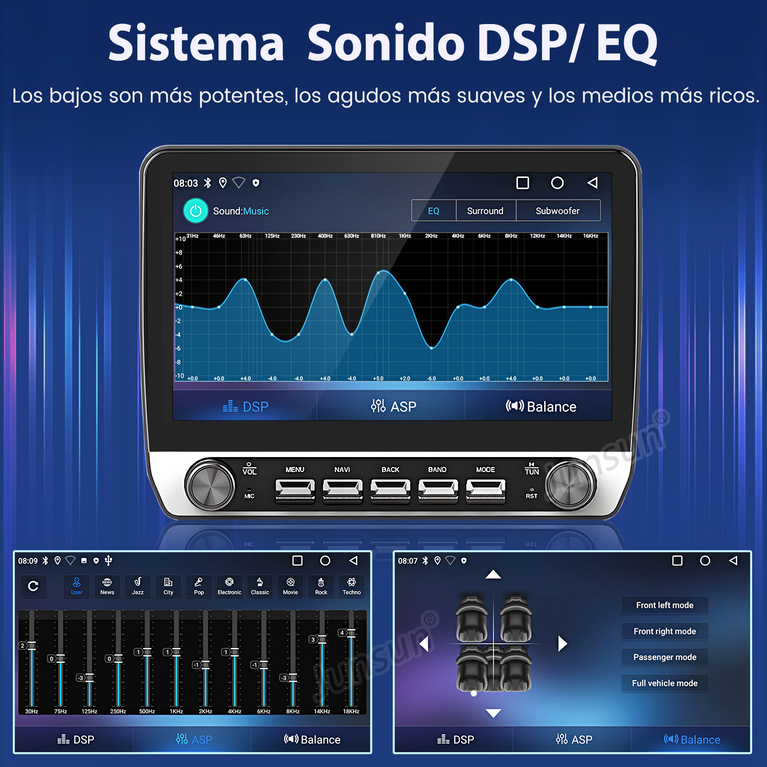 Pantalla del sistema de audio del coche mostrando ajustes del ecualizador y opciones de balance.