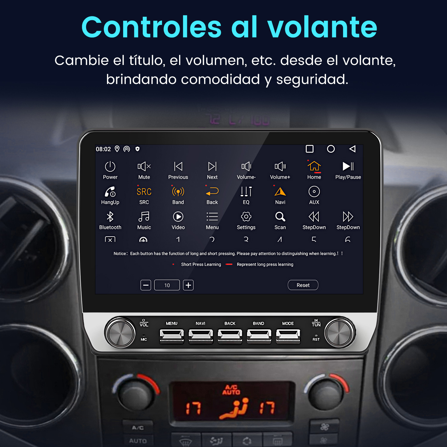 Pantalla de radio del coche con controles. Incluye botones de encendido, volumen y otras funciones. Salpicadero con controles de aire acondicionado visibles.