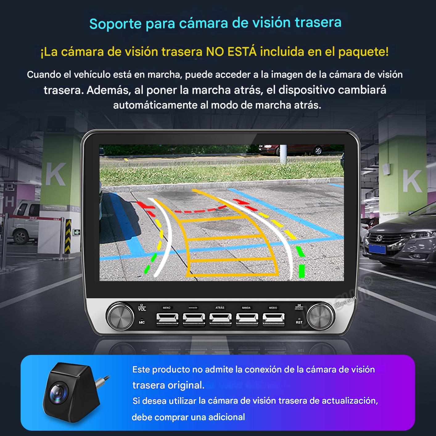 Pantalla de coche mostrando vista trasera con líneas de estacionamiento. Una cámara de marcha atrás está abajo a la izquierda. Texto arriba.