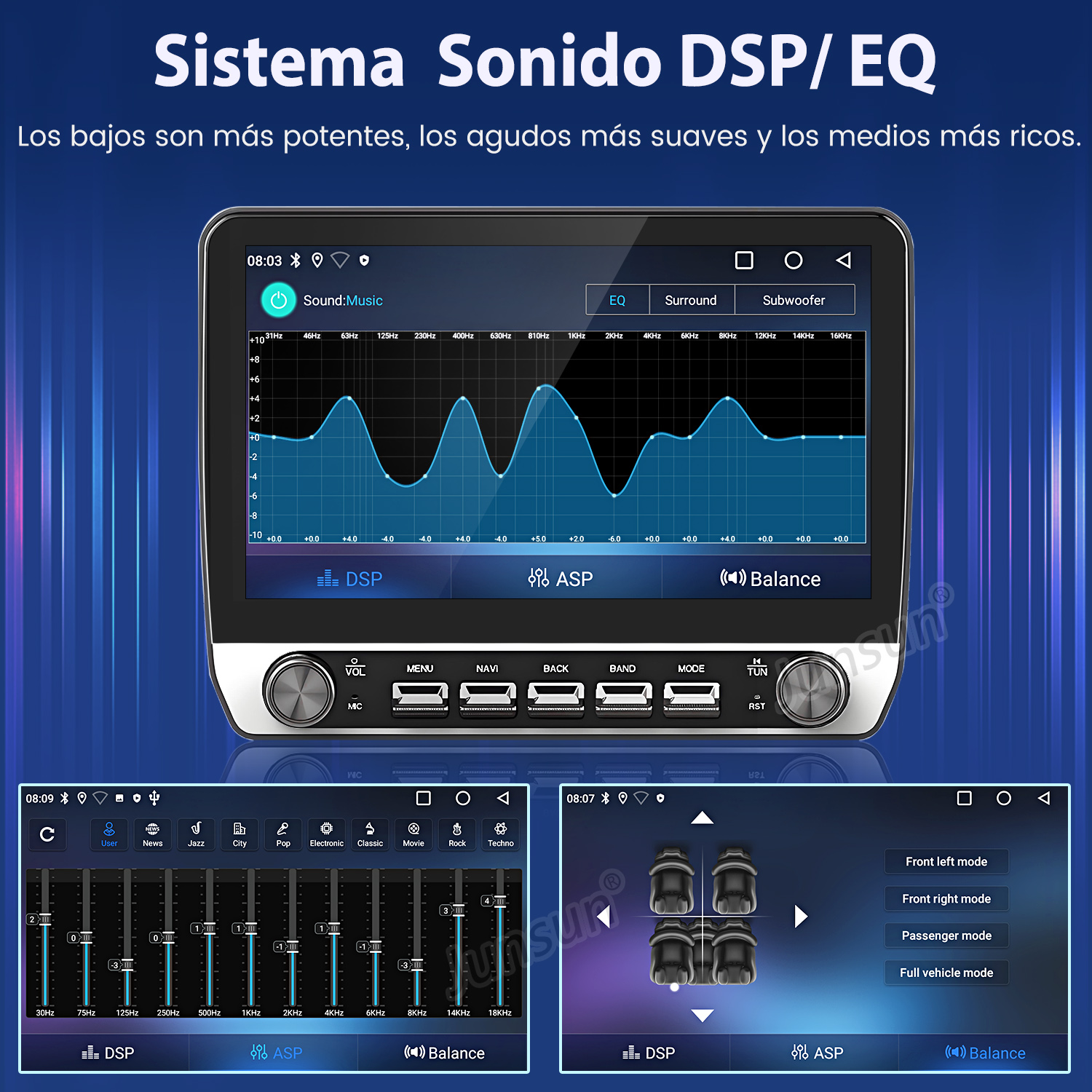 Pantalla del sistema de audio del coche que muestra la configuración del ecualizador, controles de sonido y un diagrama del interior del coche.