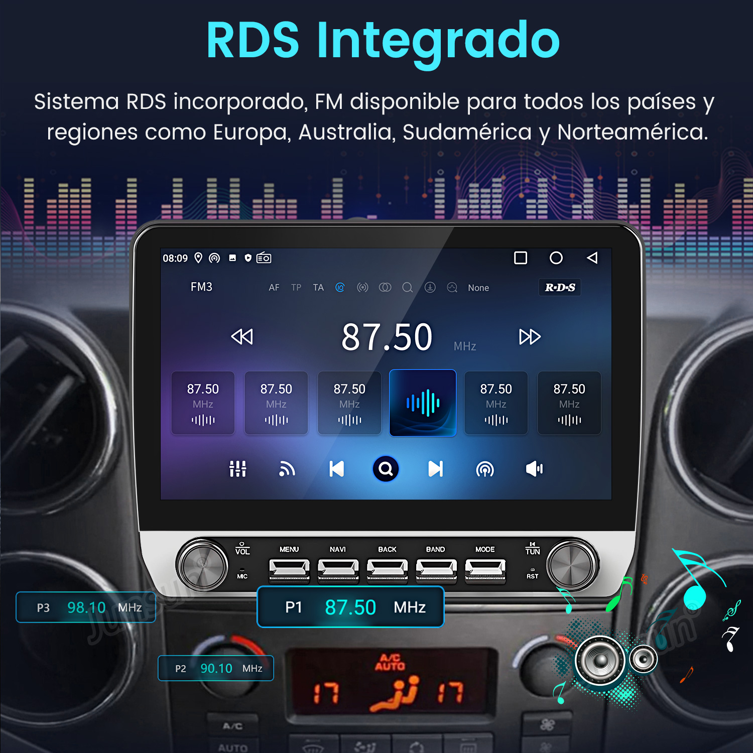Pantalla de radio de coche mostrando información de radio FM. Incluye botones y controles de volumen, menú y sintonización. Muestra la frecuencia 87,50 MHz.