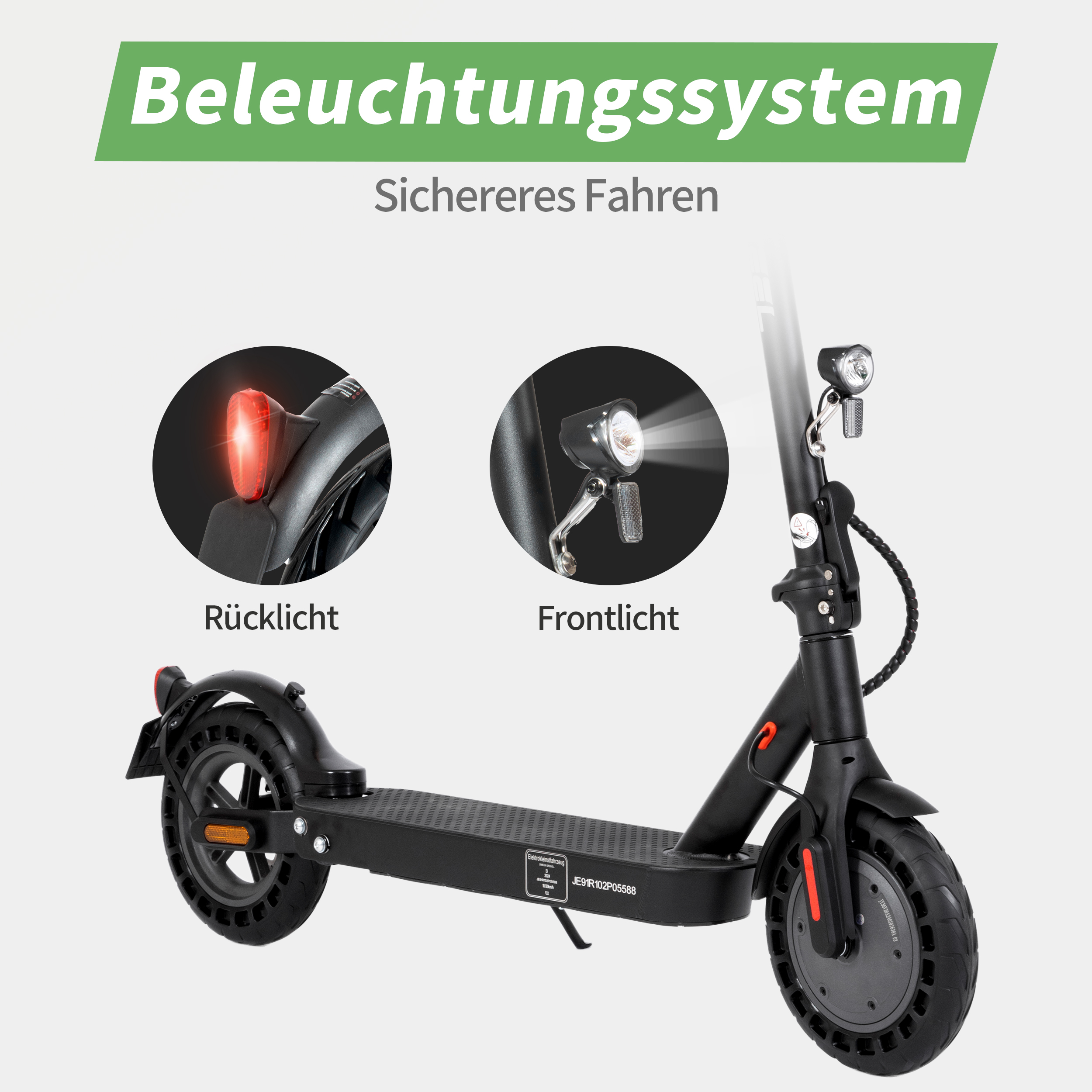 Schwarzer Elektroroller mit Front- und Rücklichtern. Text: Beleuchtungssystem, Sichereres Fahren, Rücklicht, Frontlicht.