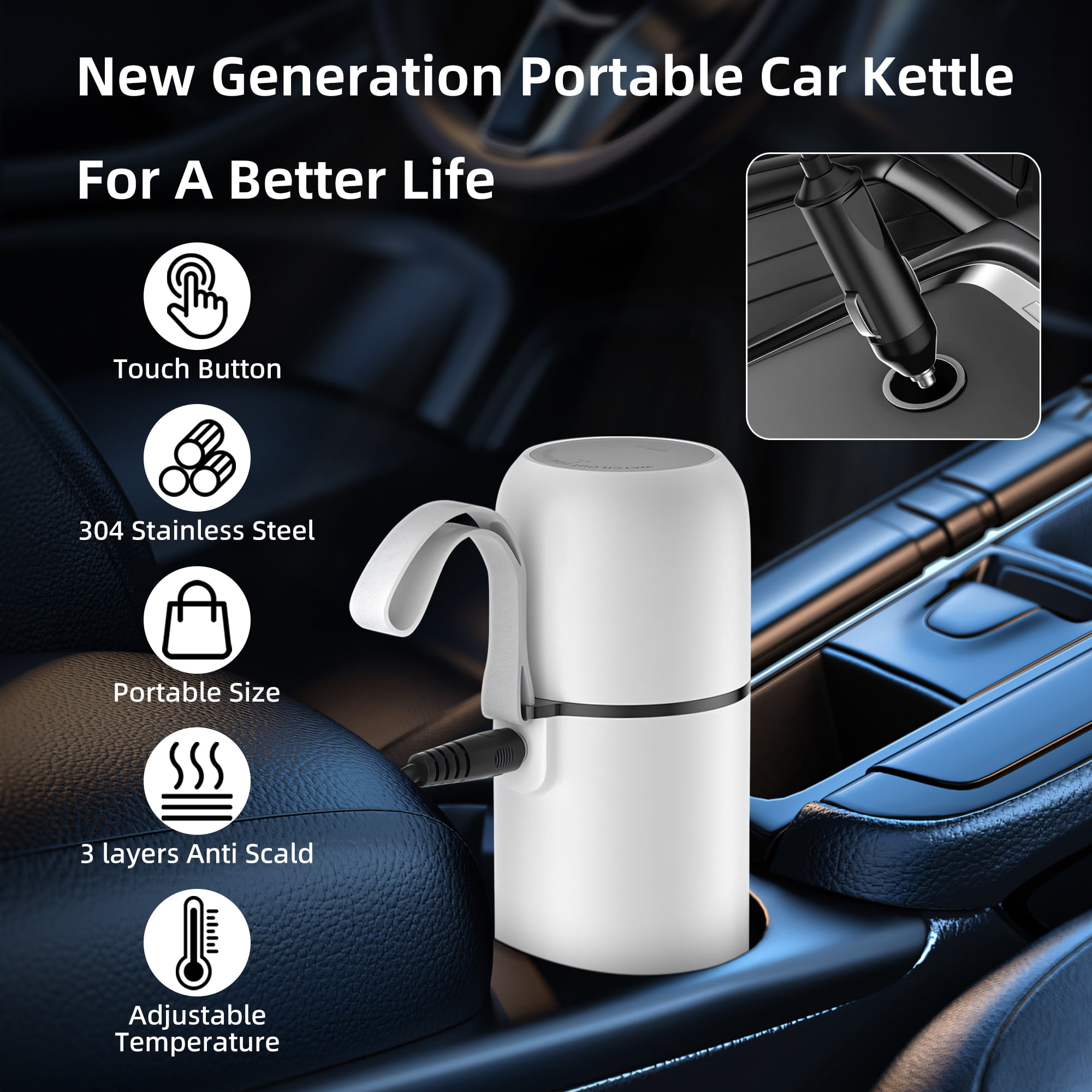 Ein weißer Wasserkocher für das Auto steht in der Mittelkonsole. Merkmale: Touch-Taste, Edelstahl, tragbare Größe und einstellbare Temp.