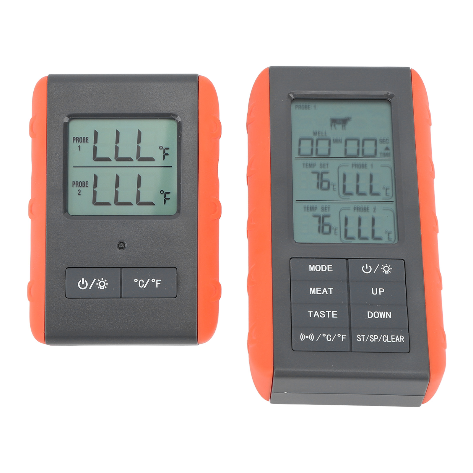 Zwei orange und graue digitale Fleischthermometer. Jedes hat einen Bildschirm mit Temperaturmesswerten und Einstellungen.