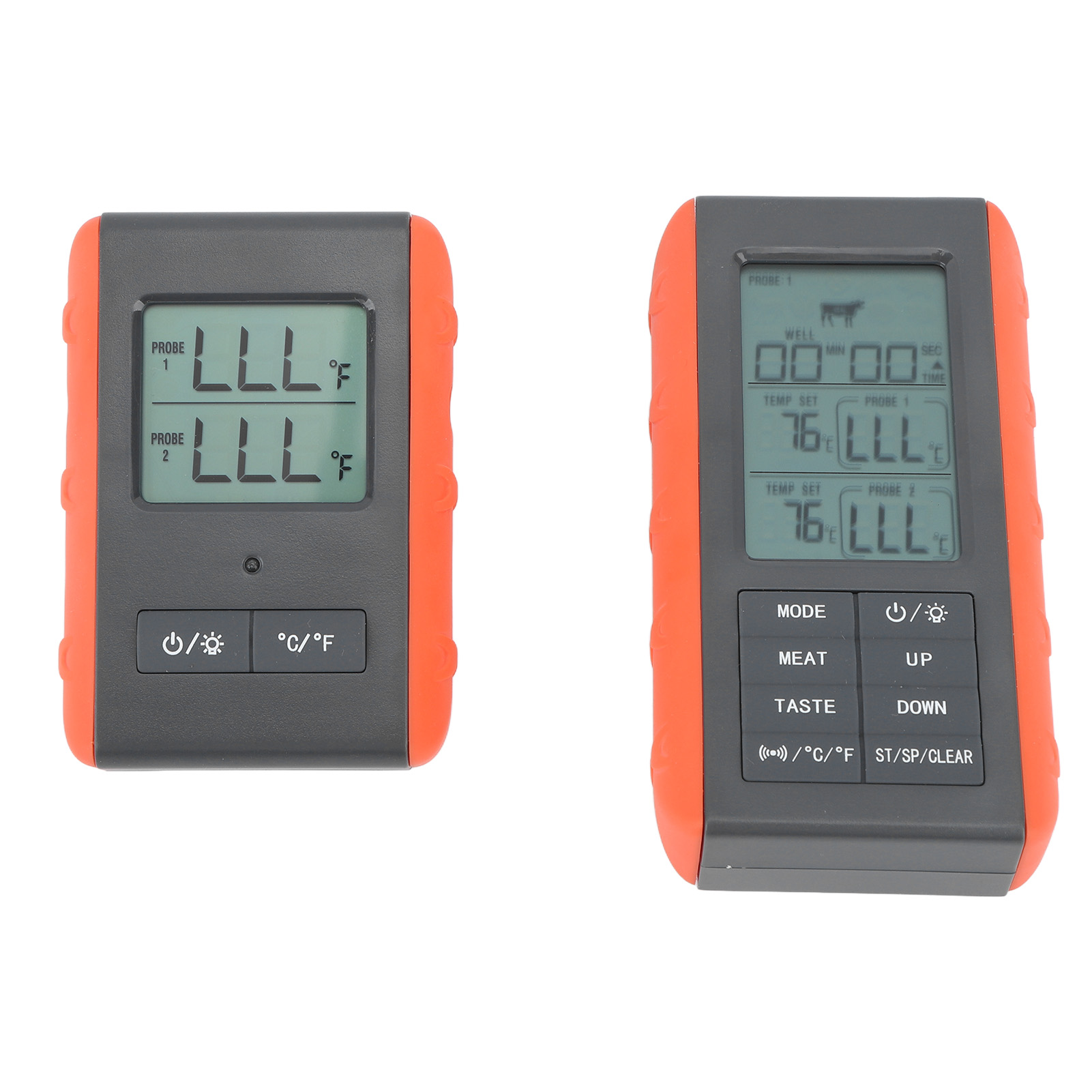 Zwei digitale Thermometer. Jedes hat ein graues Gehäuse mit orangefarbenen Seiten. Anzeigen umfassen Temperaturmesswerte und Einstellungen.