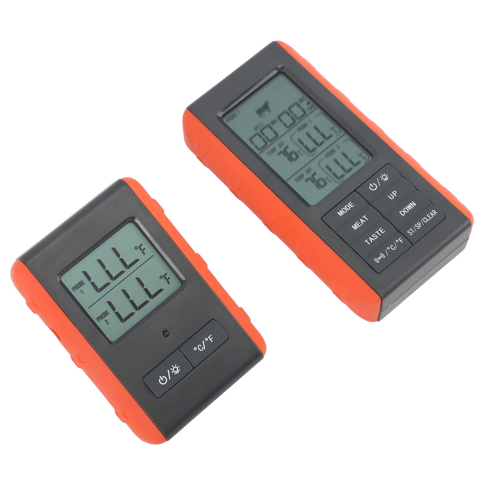 Zwei digitale Thermometer mit orangefarbenen Rahmen und schwarzen Flächen zeigen Temperaturmesswerte an. Knöpfe sind beschriftet.