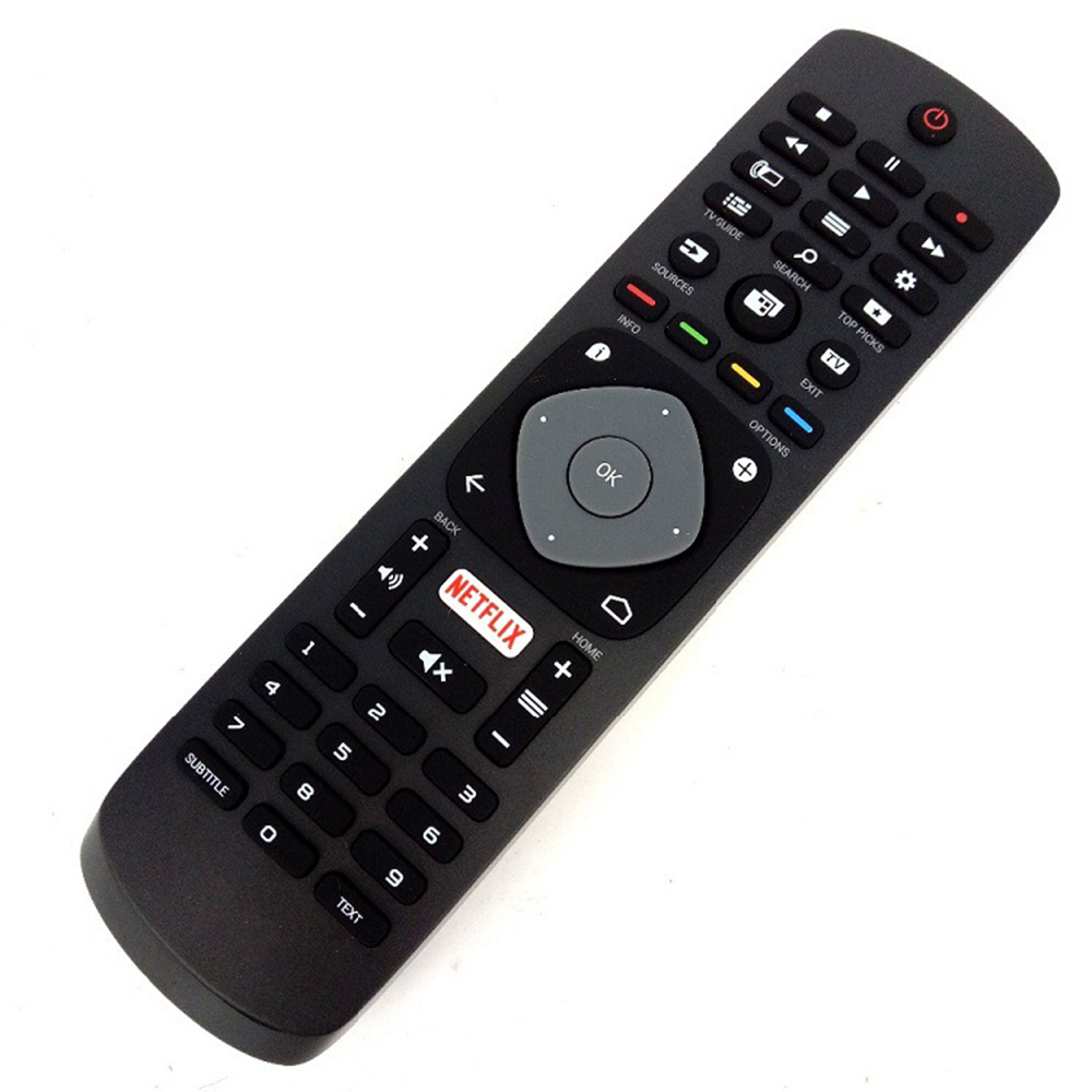 Eine schwarze Philips-TV-Fernbedienung. Sie hat viele Tasten für TV-Funktionen und eine Netflix-Taste.