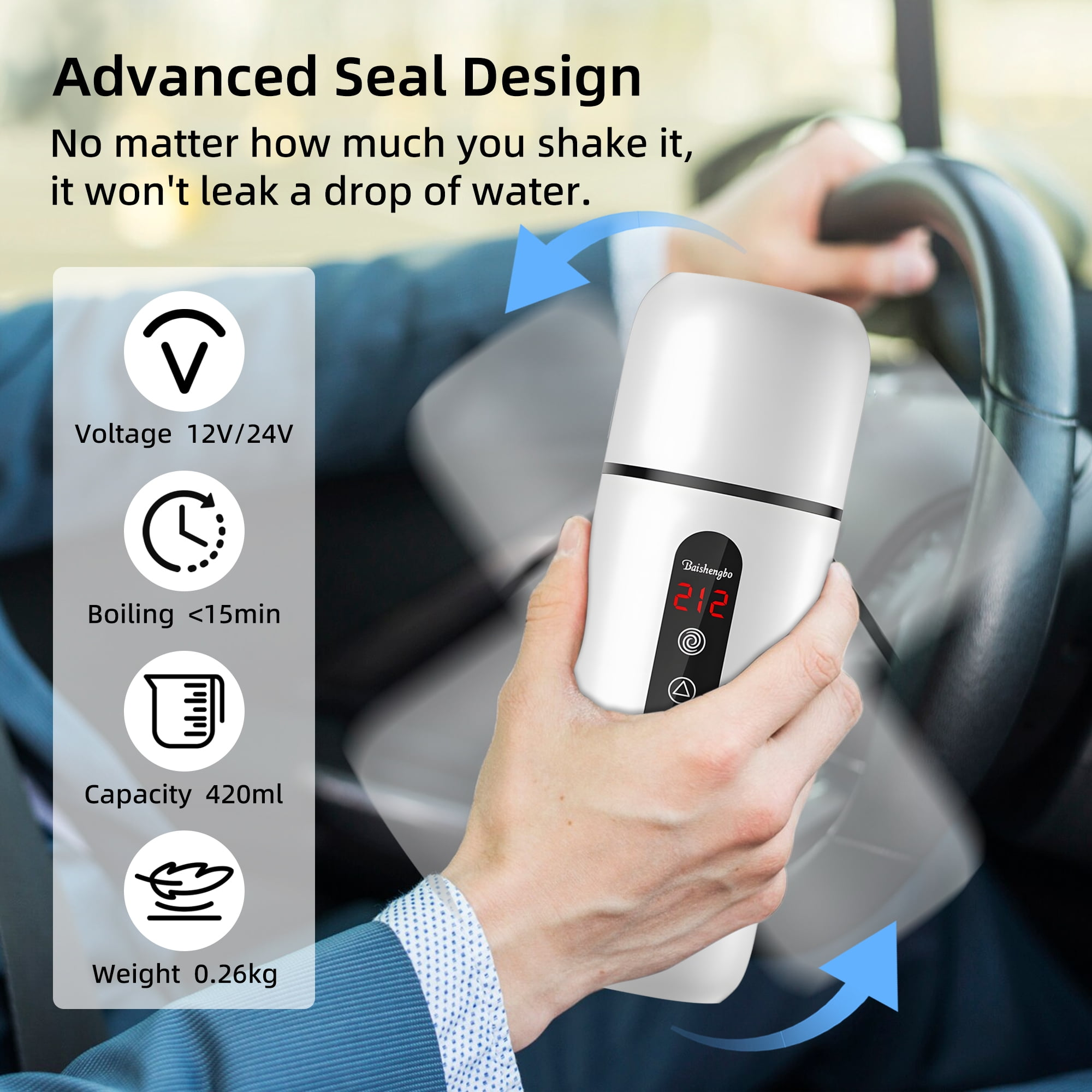 Eine Person hält einen weißen Reisebecher in einem Auto. Die Tasse hat eine digitale Anzeige und Produktdetails werden angezeigt.
