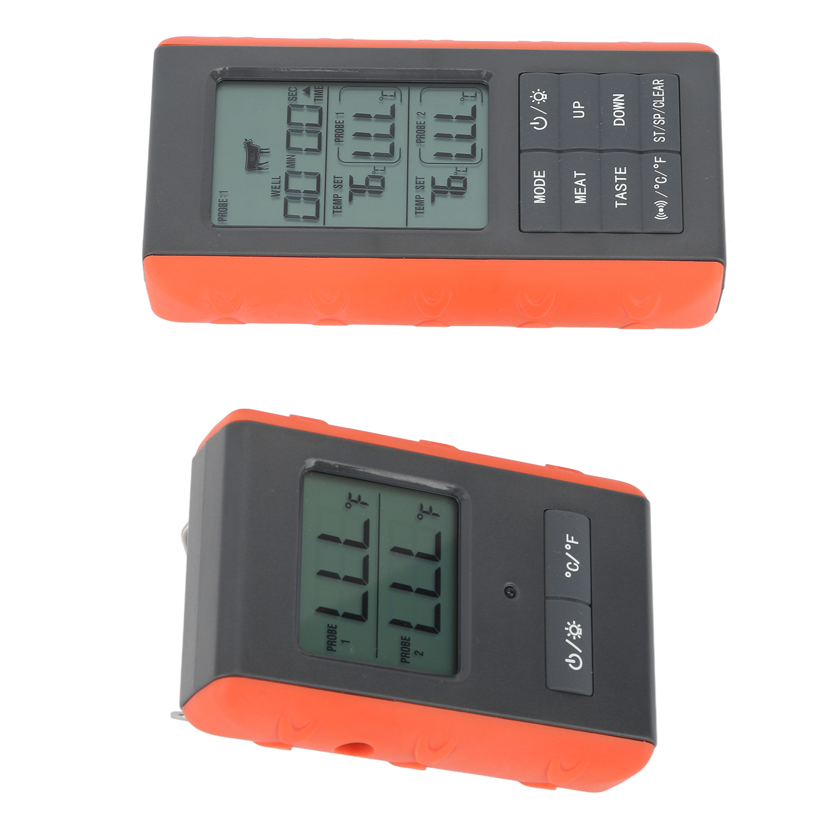 Ein digitales Fleischthermometer mit orangefarbenem und grauem Gehäuse. Es zeigt Temperaturmesswerte an und hat mehrere Knöpfe.